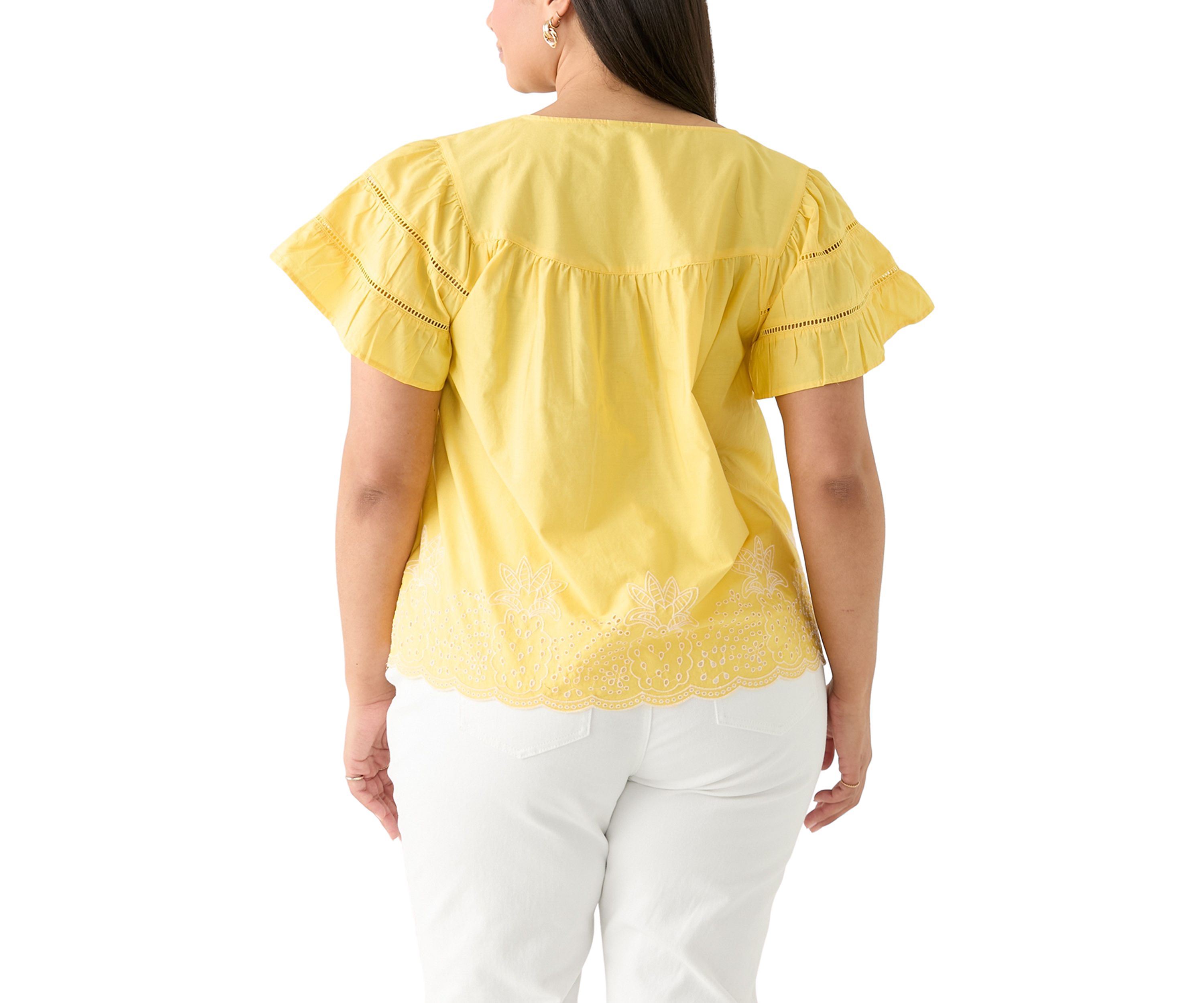 Plus Size Flutter Sleeve Embroidered Hem Top
