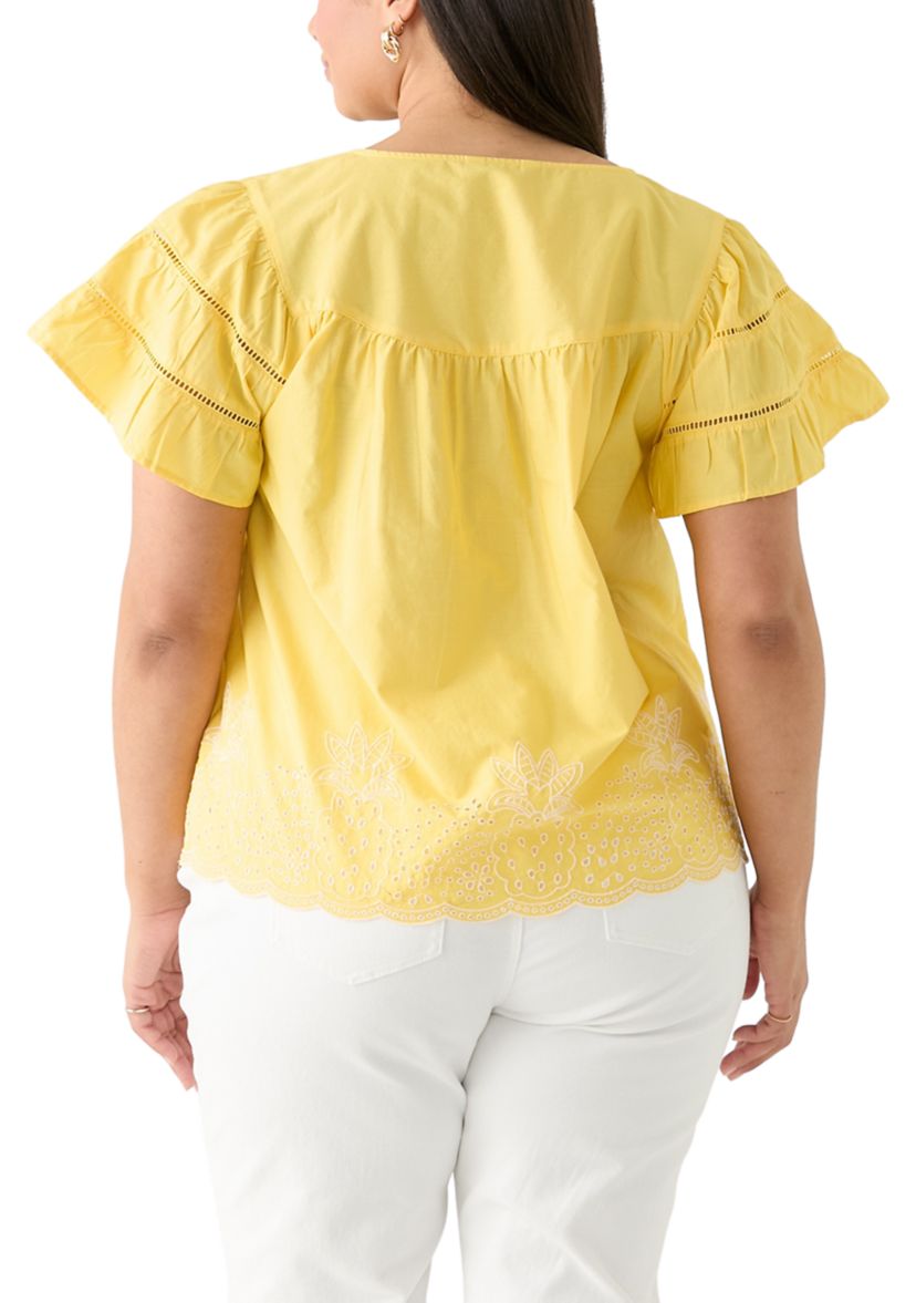 Plus Size Flutter Sleeve Embroidered Hem Top