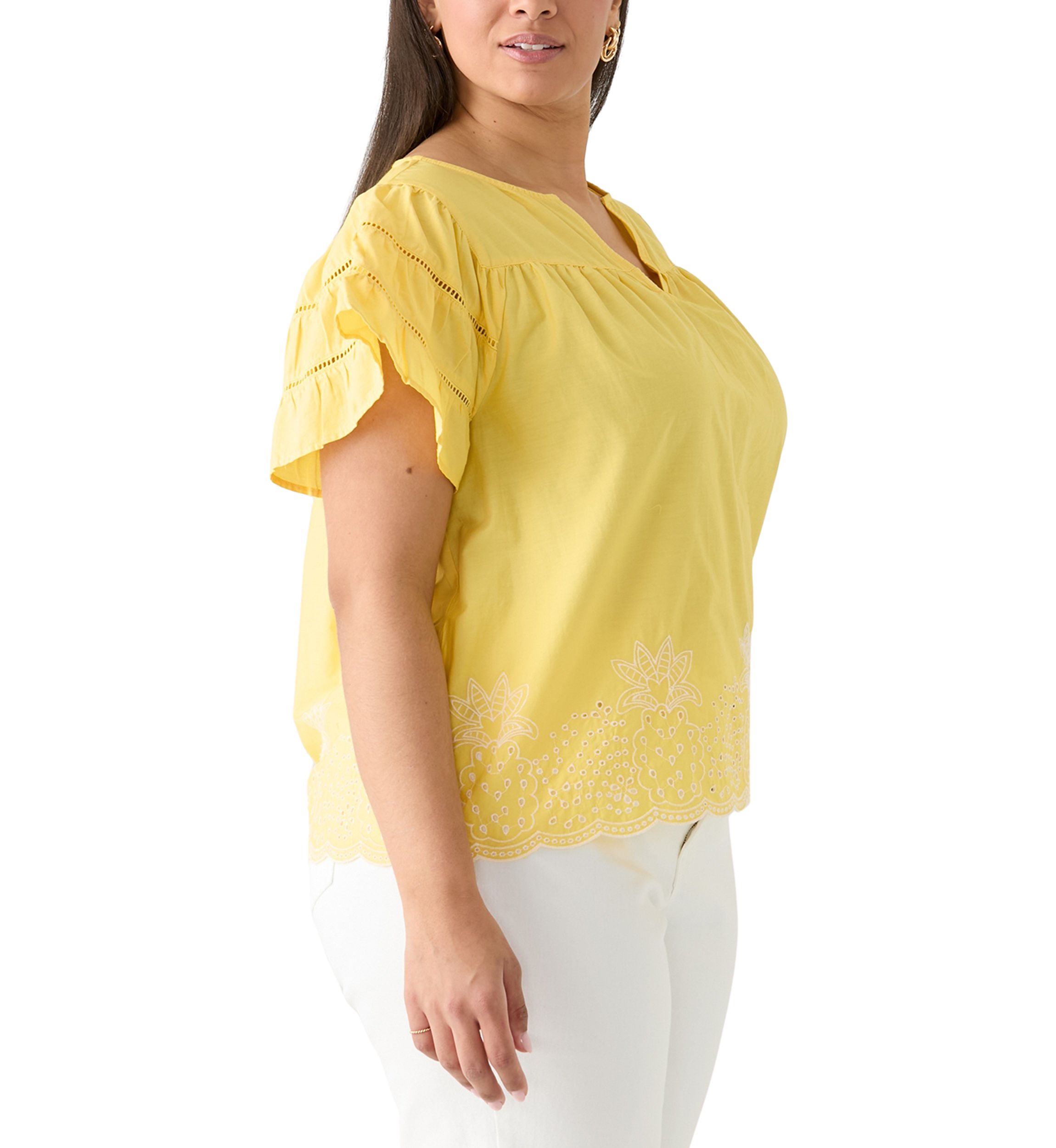 Plus Size Flutter Sleeve Embroidered Hem Top