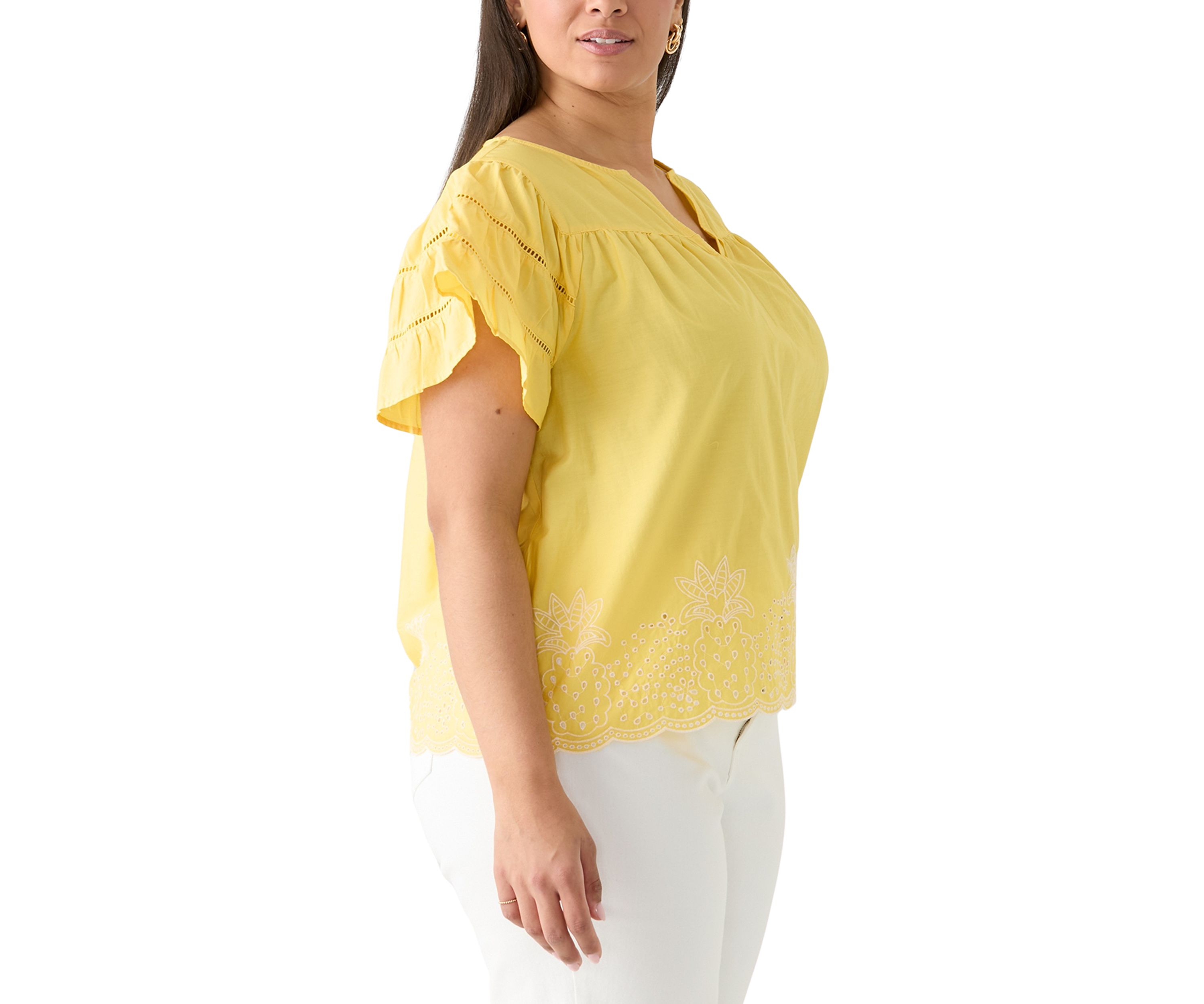 Plus Size Flutter Sleeve Embroidered Hem Top