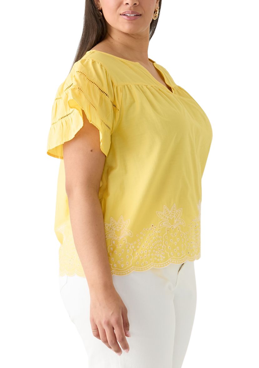 Plus Size Flutter Sleeve Embroidered Hem Top