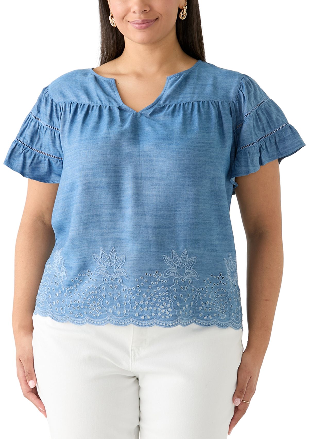 Plus Size Short Sleeve Embroidered Hem Top