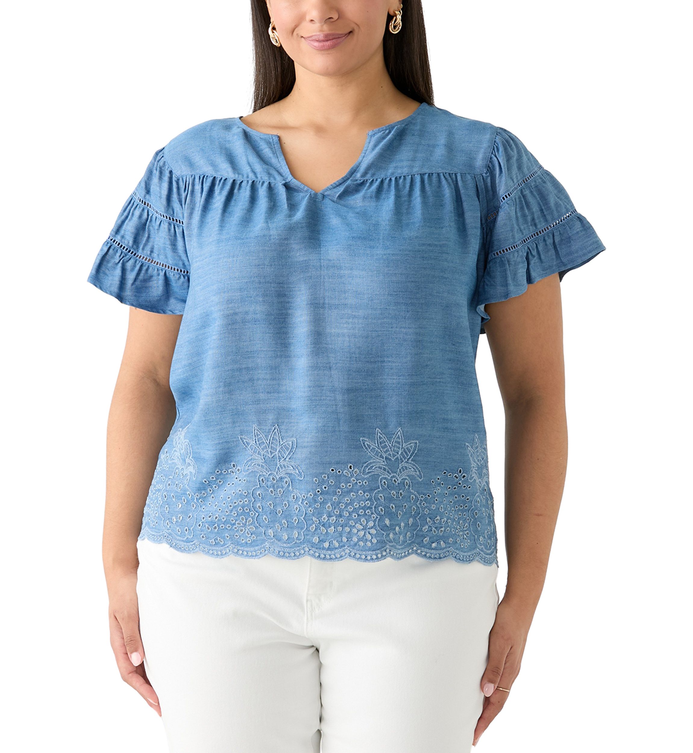 Plus Size Short Sleeve Embroidered Hem Top