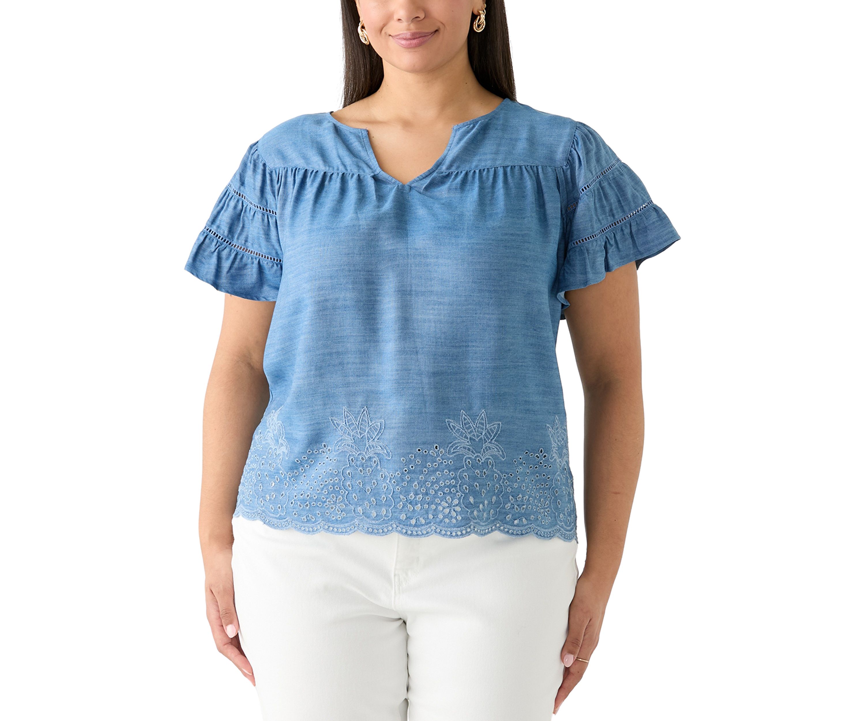 Plus Size Short Sleeve Embroidered Hem Top