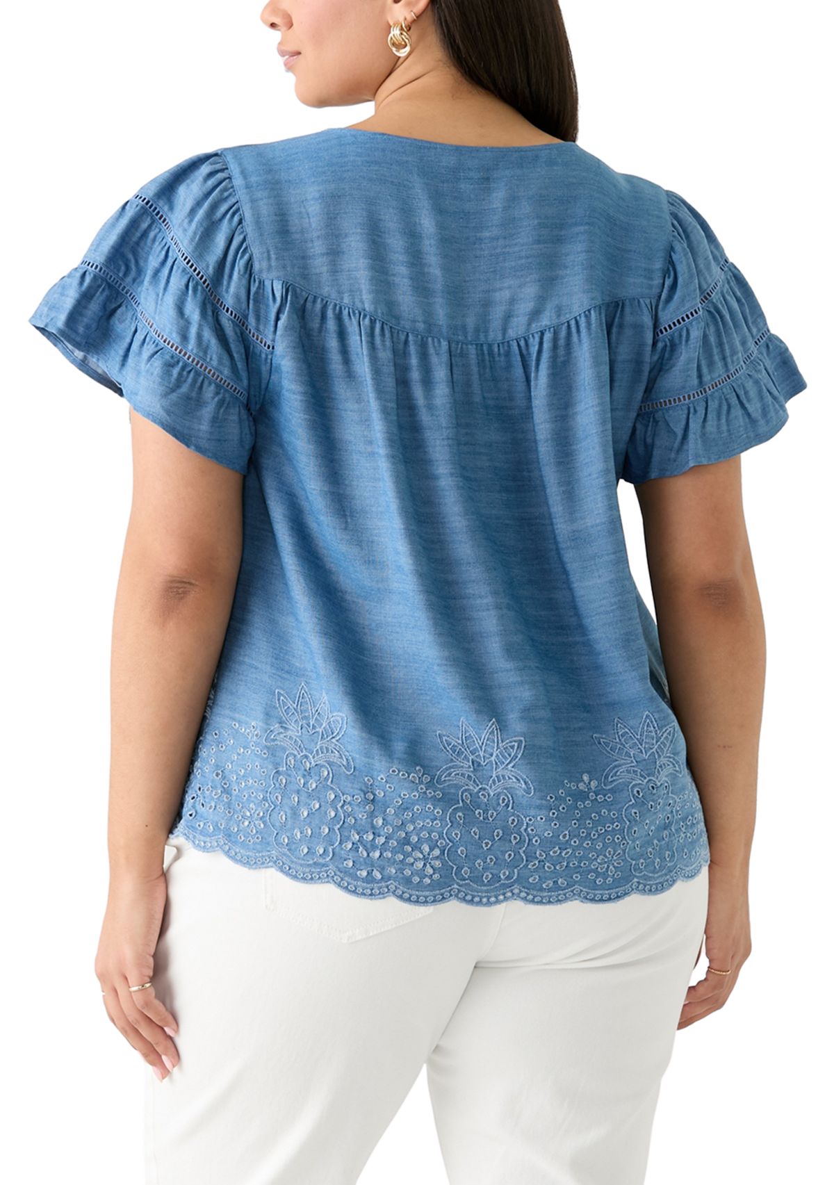 Plus Size Short Sleeve Embroidered Hem Top
