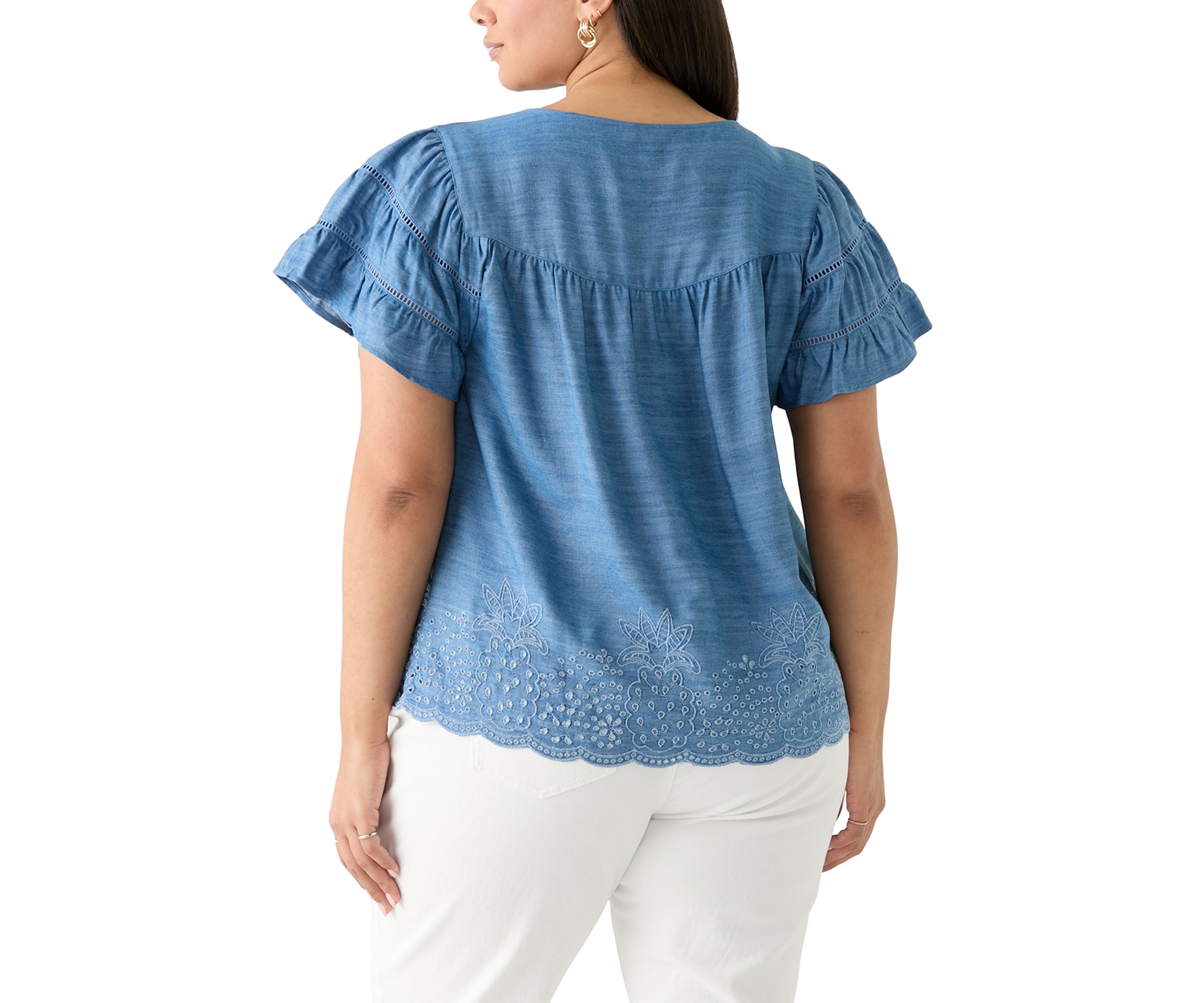 Plus Size Short Sleeve Embroidered Hem Top