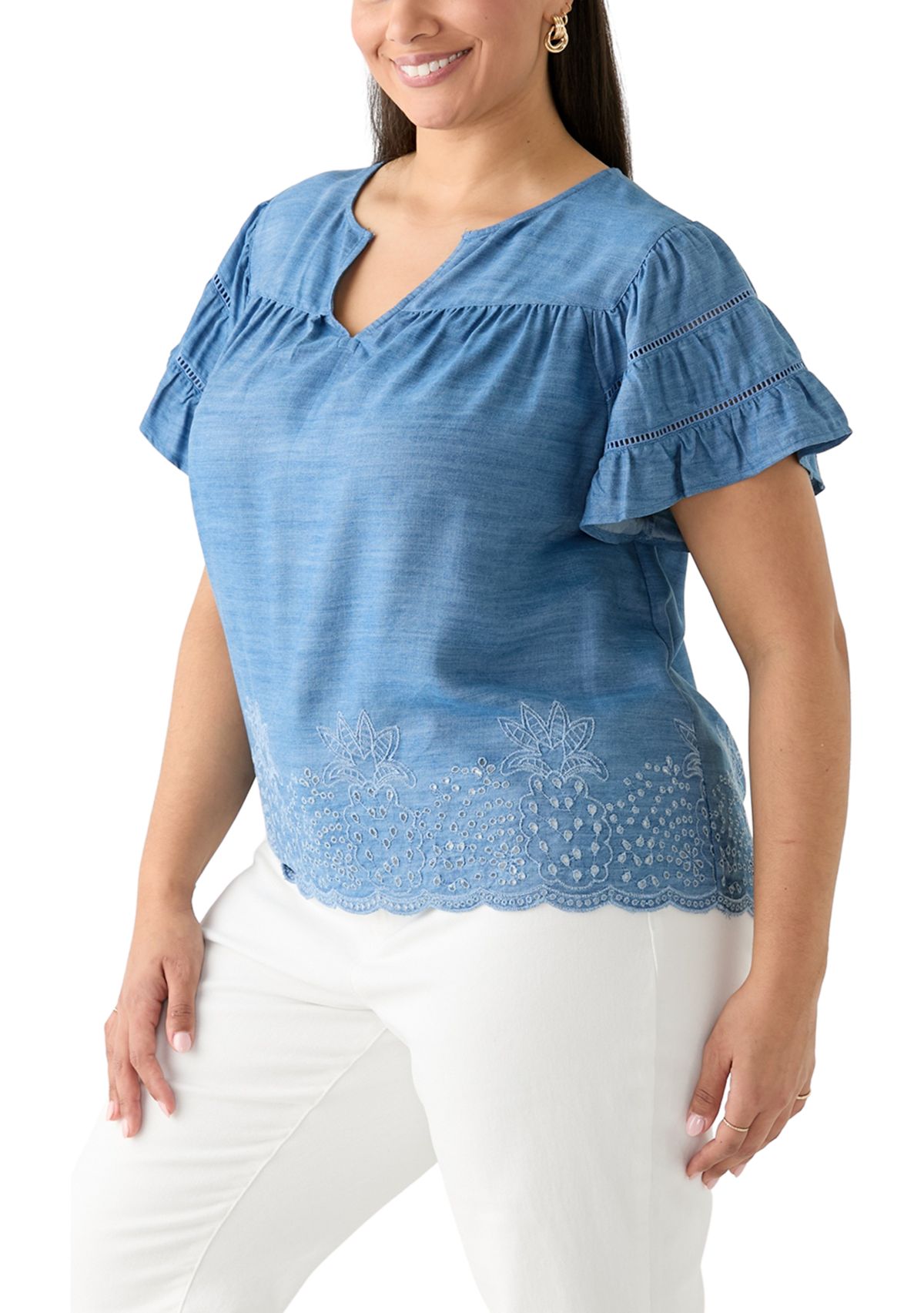 Plus Size Short Sleeve Embroidered Hem Top