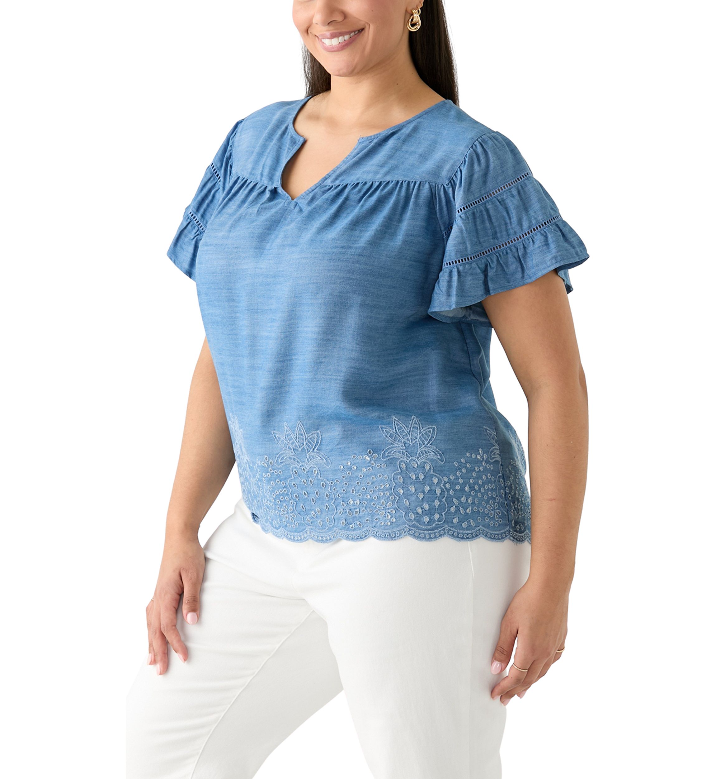 Plus Size Short Sleeve Embroidered Hem Top