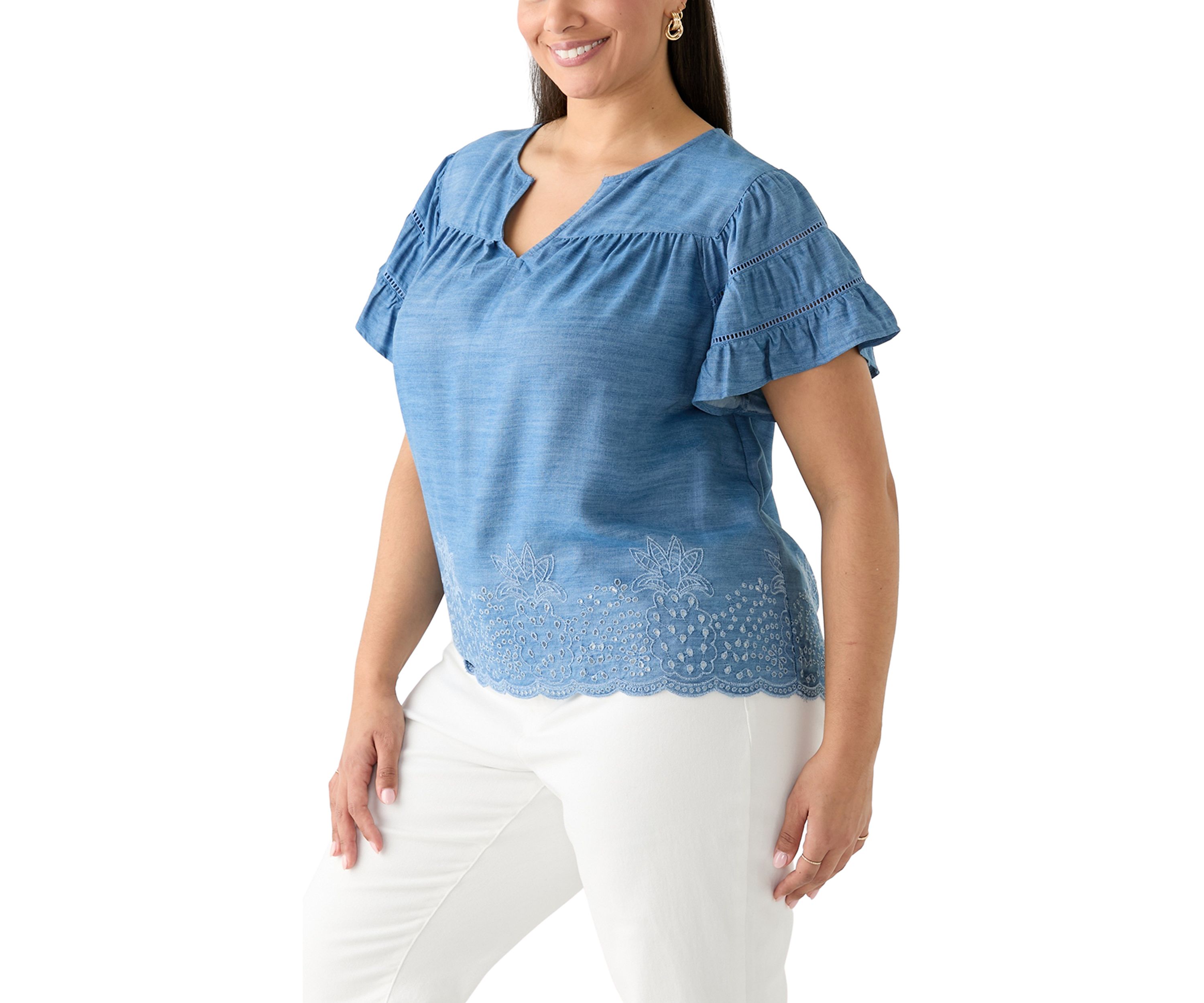Plus Size Short Sleeve Embroidered Hem Top