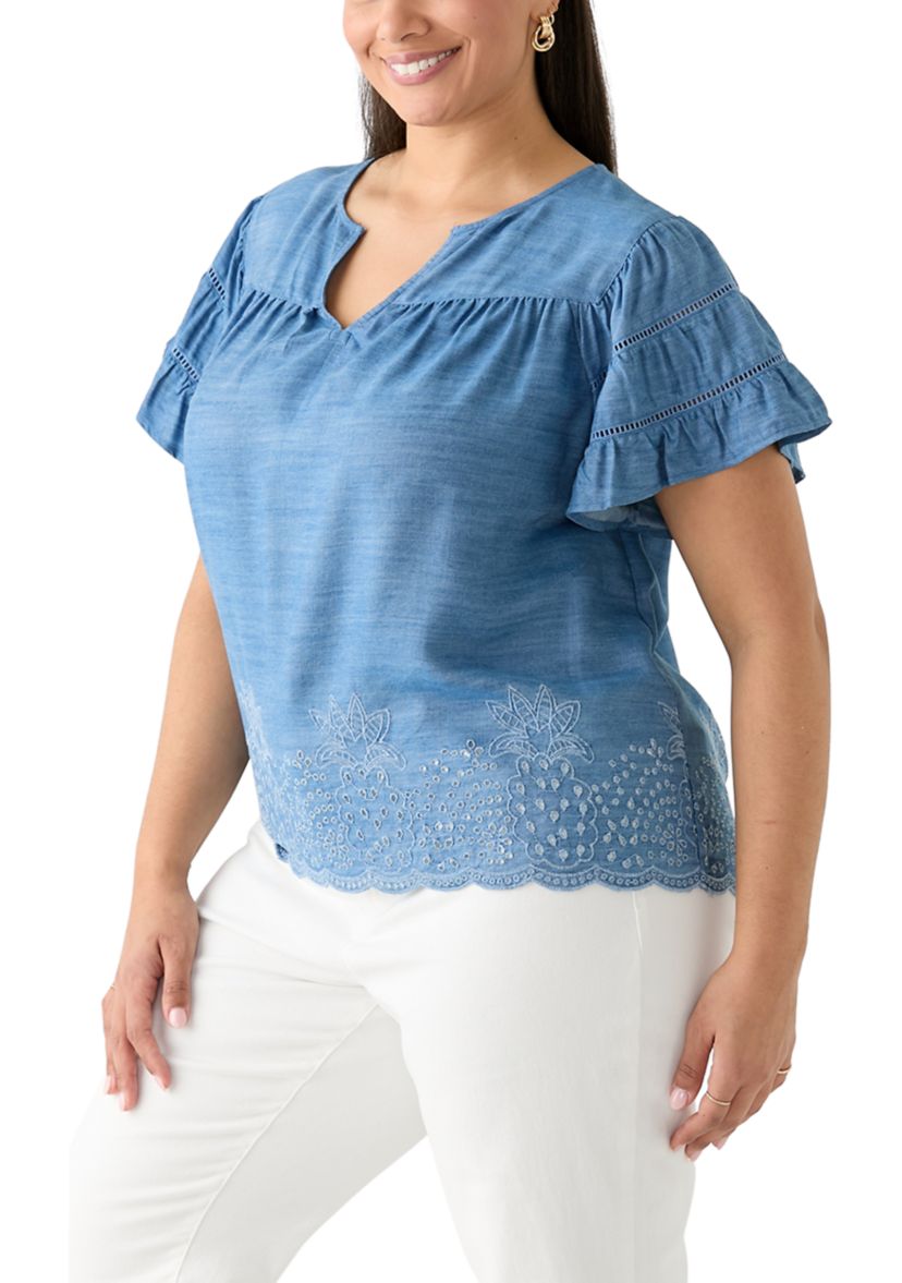 Plus Size Short Sleeve Embroidered Hem Top