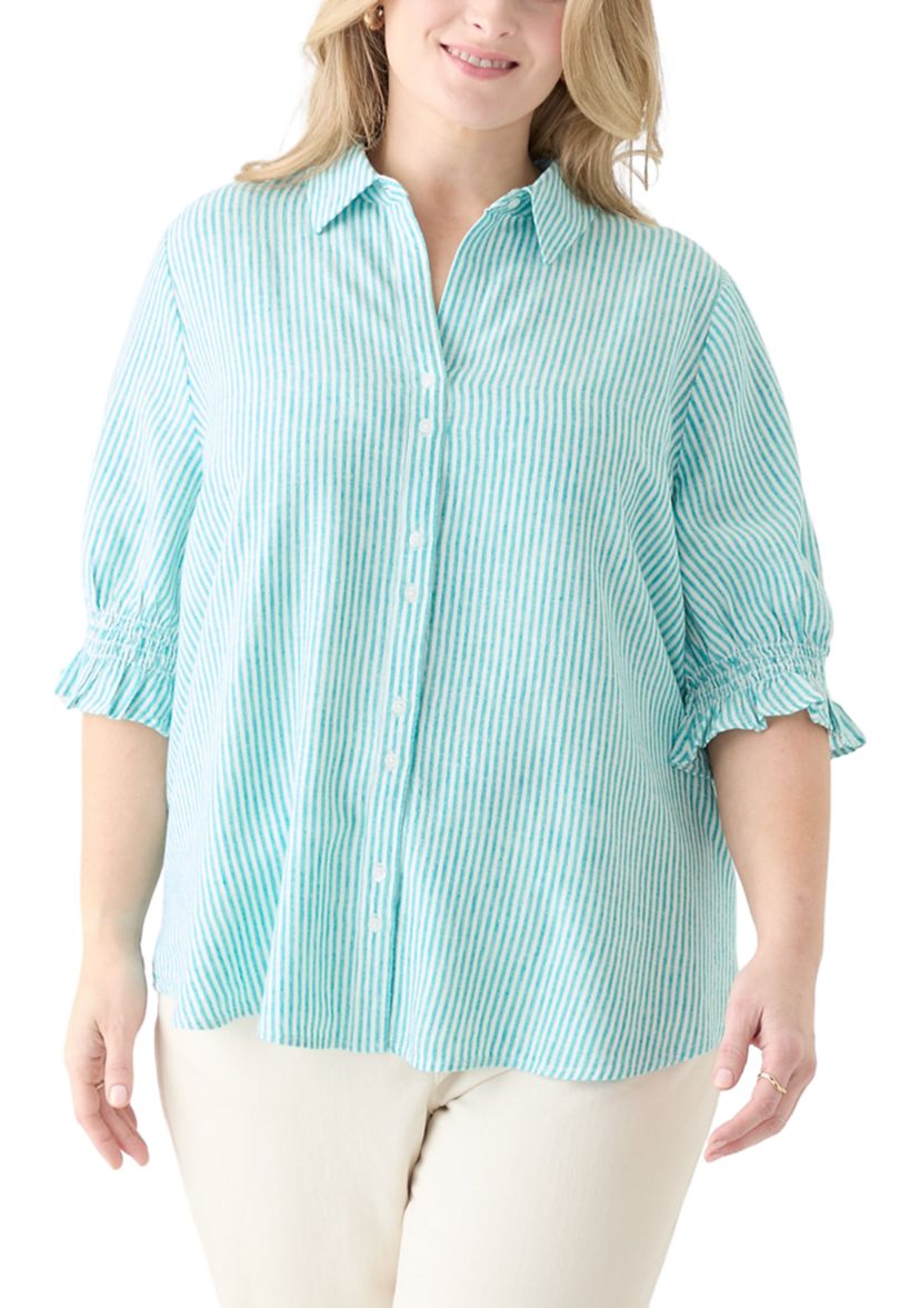 Plus Size Linen-Blend Button Down Shirt 
