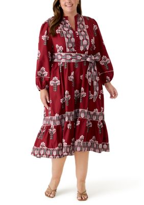 Crown & Ivy Women's Plus Size Long Sleeve Midi Split Neck Dress