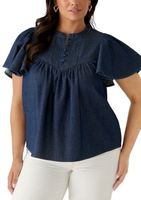 Crown & Ivy Women's Plus Size Flutter Sleeve Peasant Blouse