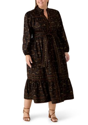 Crown & Ivy Women's Plus Size Long Sleeve Midi Tie Belt Dress