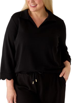 Crown & Ivy Women's 3/4 Sleeve Scalloped Knit Top