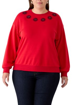 Crown & Ivy Women's Plus Size Long Sleeve Printed Neckline Sweeper Top