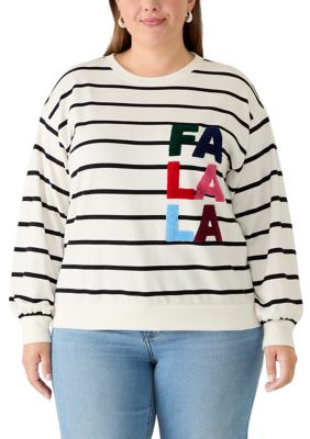 Crown & Ivy Women's Plus Size Long Sleeve Striped Fa La La Sweeper Top