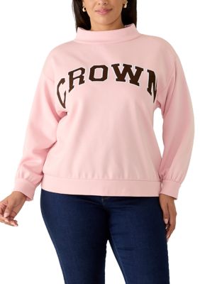 Crown & Ivy Women's Plus Size Long Sleeve Mock Neck Crown Graphic Sweatshirt