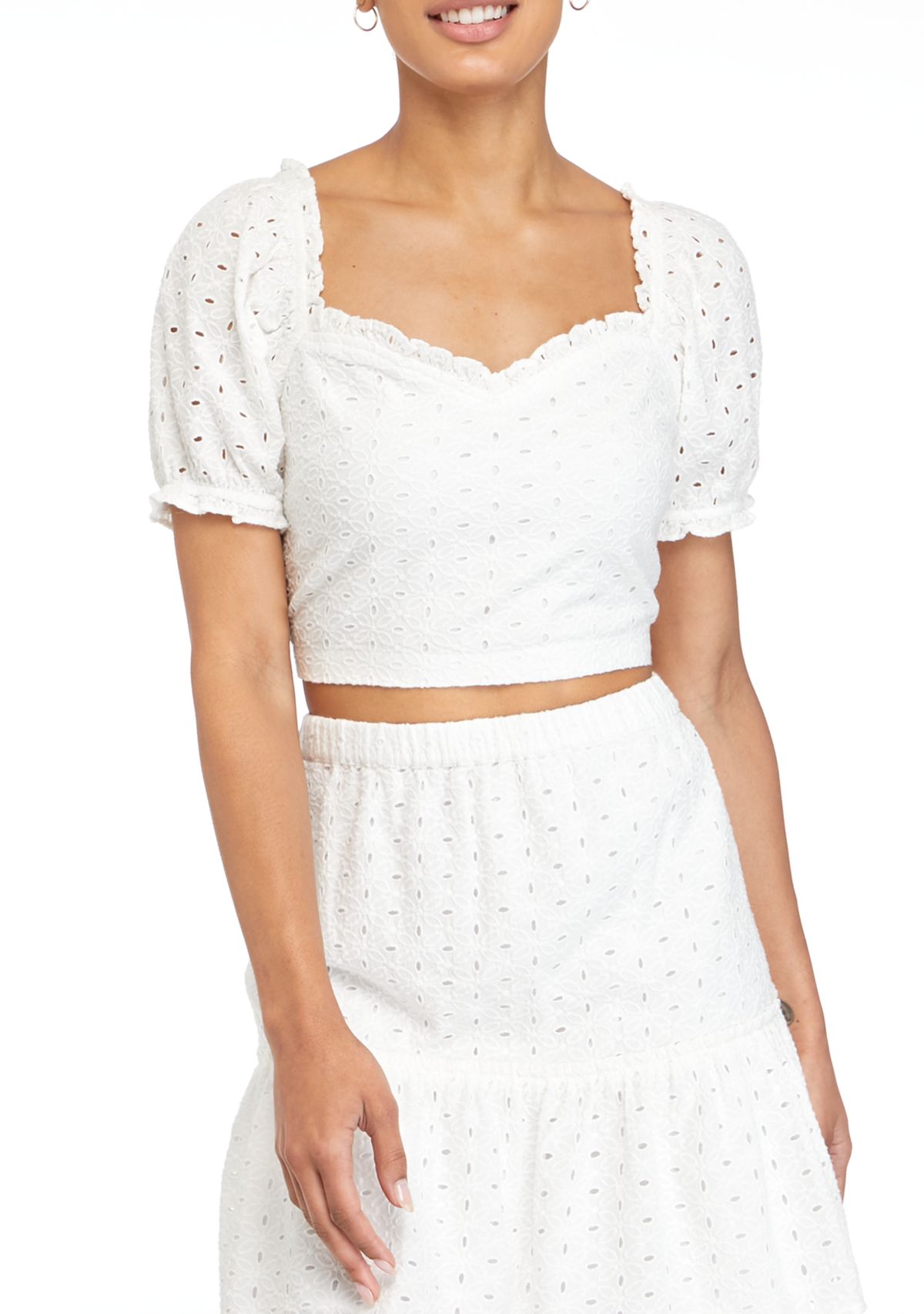 Juniors Eyelet Puff Sleeve Crop Top