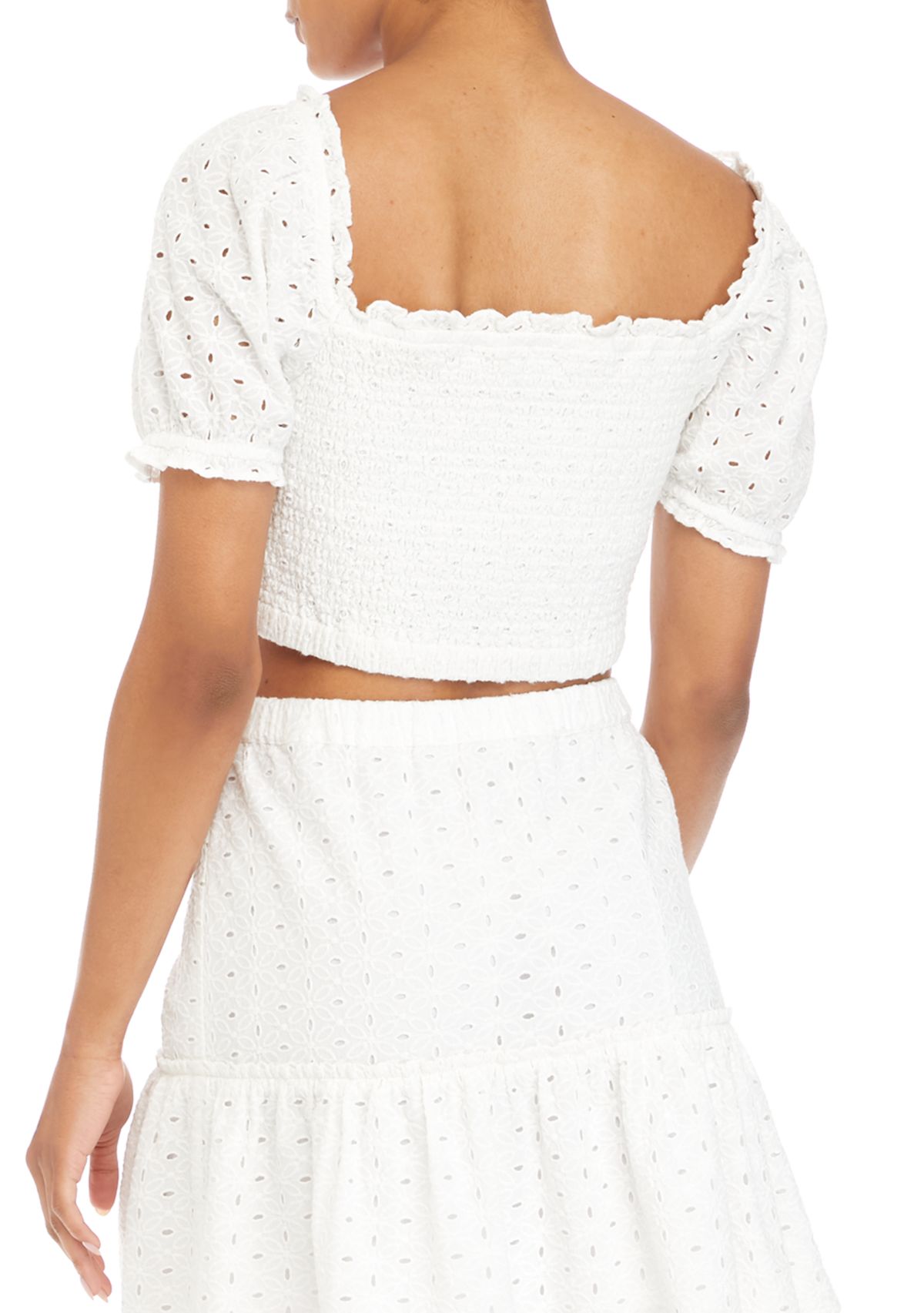 Juniors Eyelet Puff Sleeve Crop Top