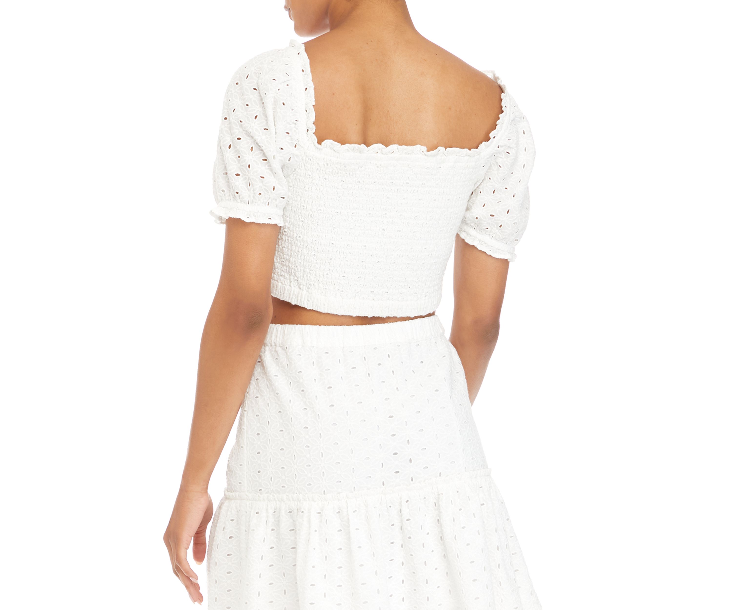 Juniors Eyelet Puff Sleeve Crop Top