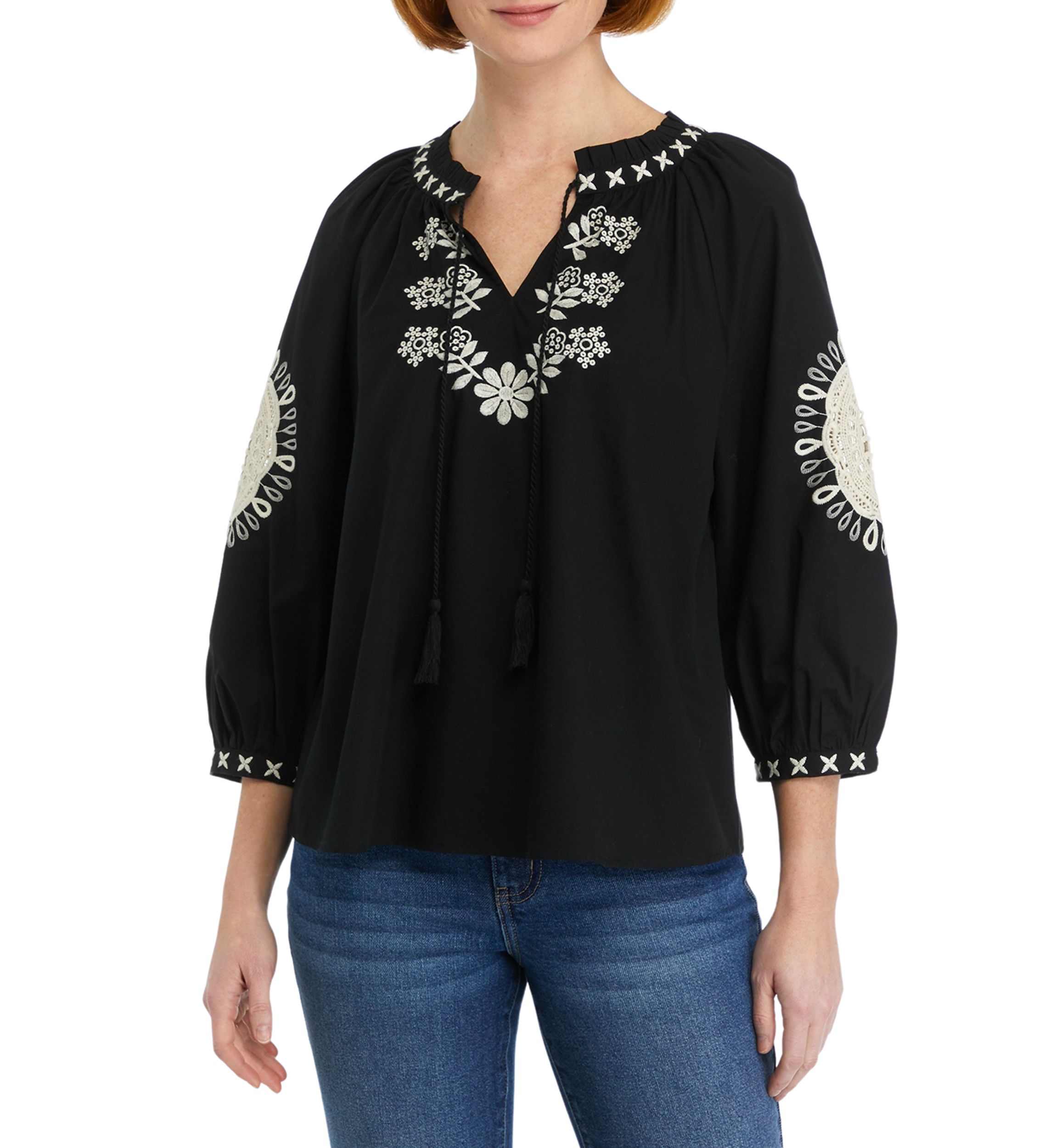 Womens Crochet Accented Peasant Top