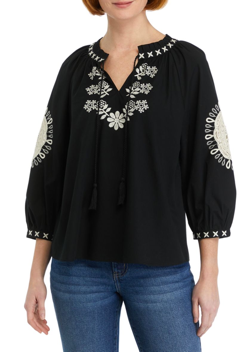 Womens Crochet Accented Peasant Top