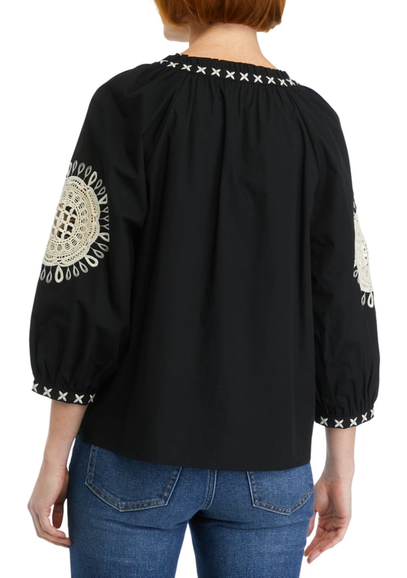 Womens Crochet Accented Peasant Top