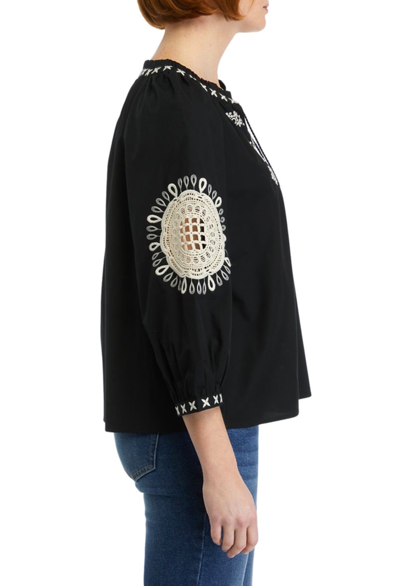 Womens Crochet Accented Peasant Top