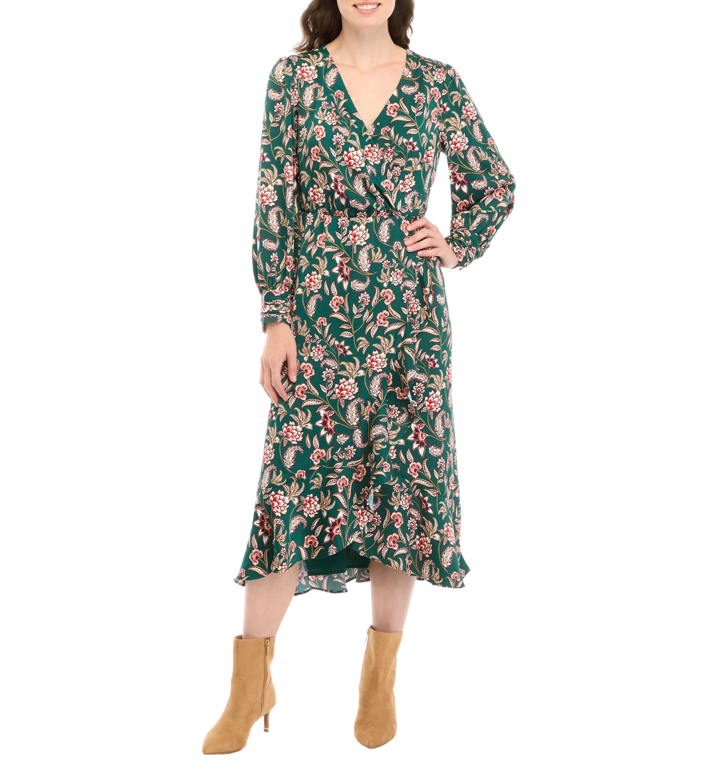 Womens Long Sleeve Printed Faux Wrap Dress