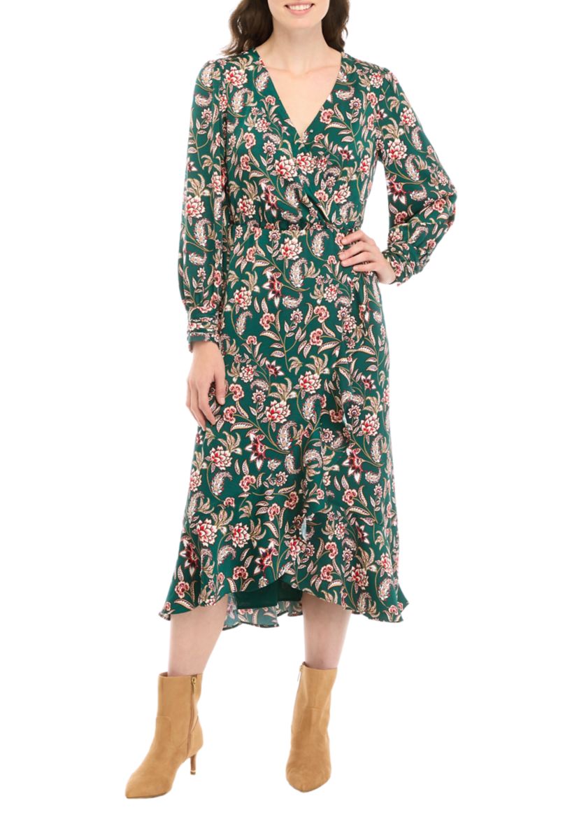 Womens Long Sleeve Printed Faux Wrap Dress