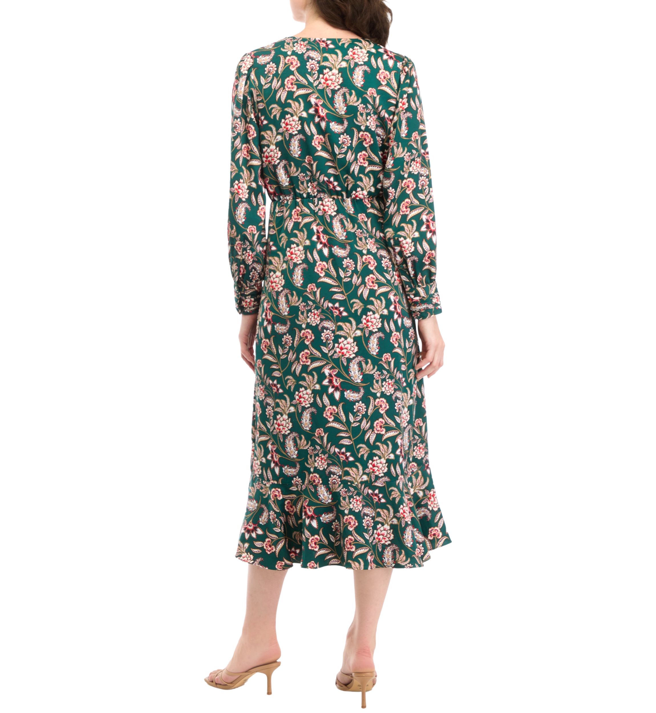 Womens Long Sleeve Printed Faux Wrap Dress
