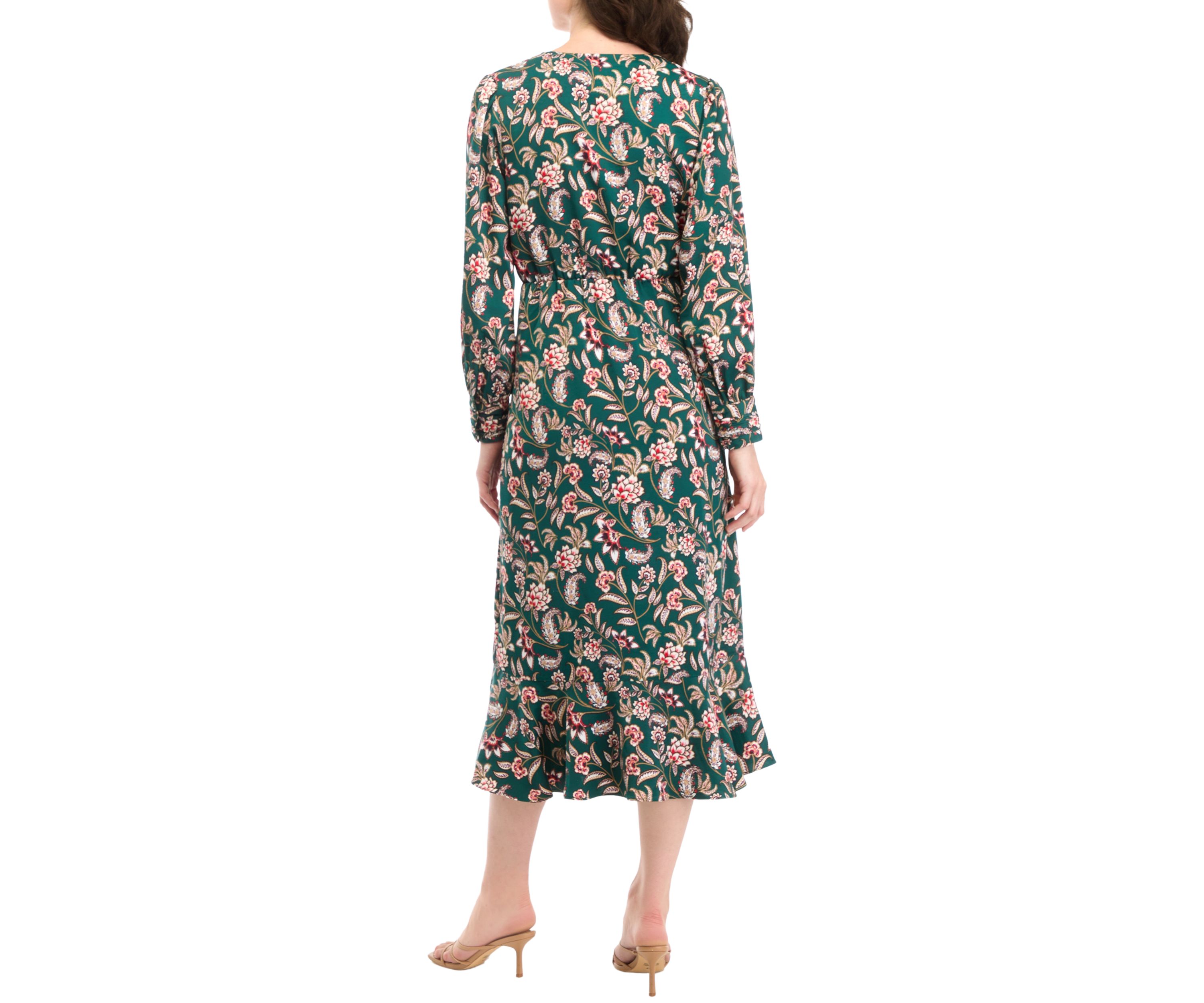 Womens Long Sleeve Printed Faux Wrap Dress