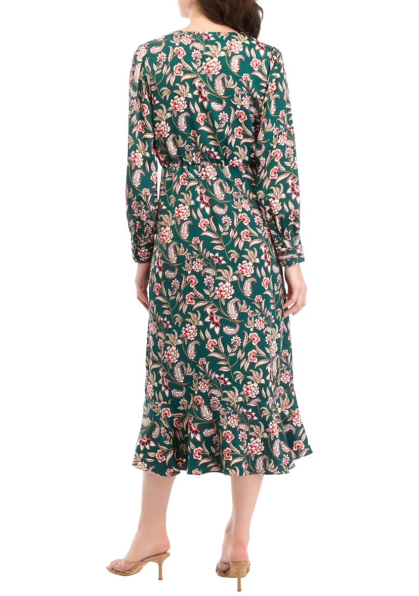 Womens Long Sleeve Printed Faux Wrap Dress