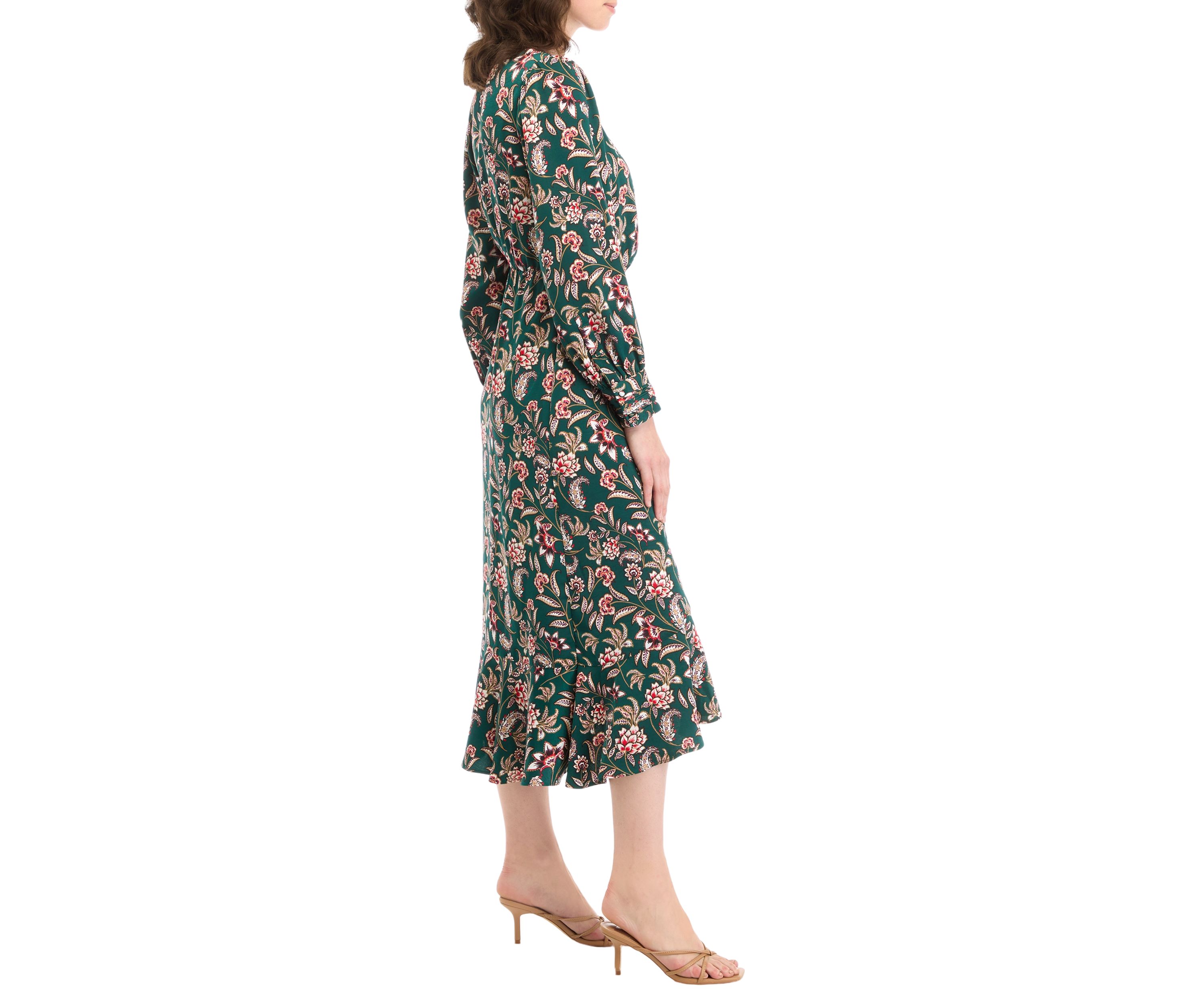 Womens Long Sleeve Printed Faux Wrap Dress