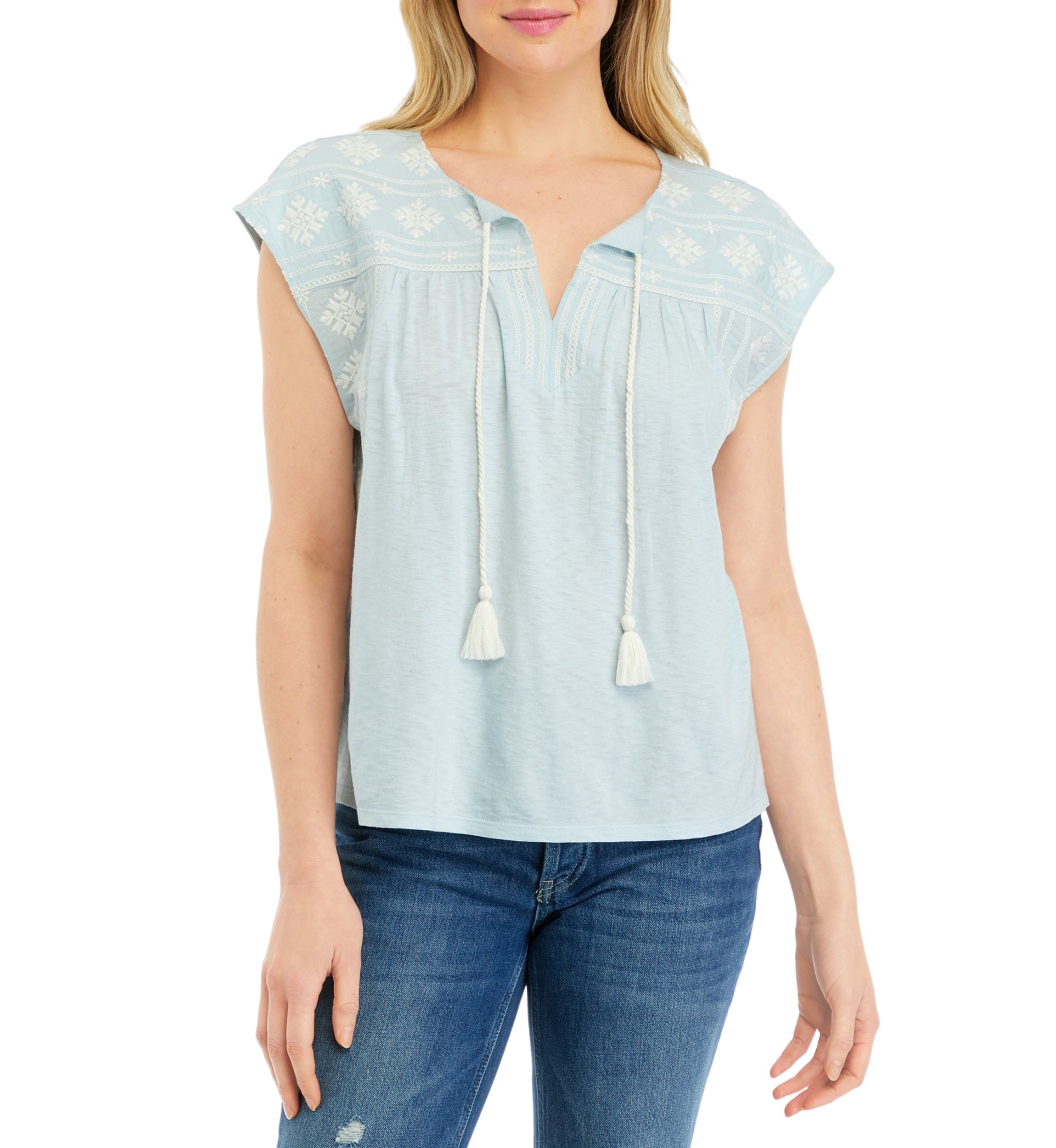 Womens Embroidered Split Neck Top 