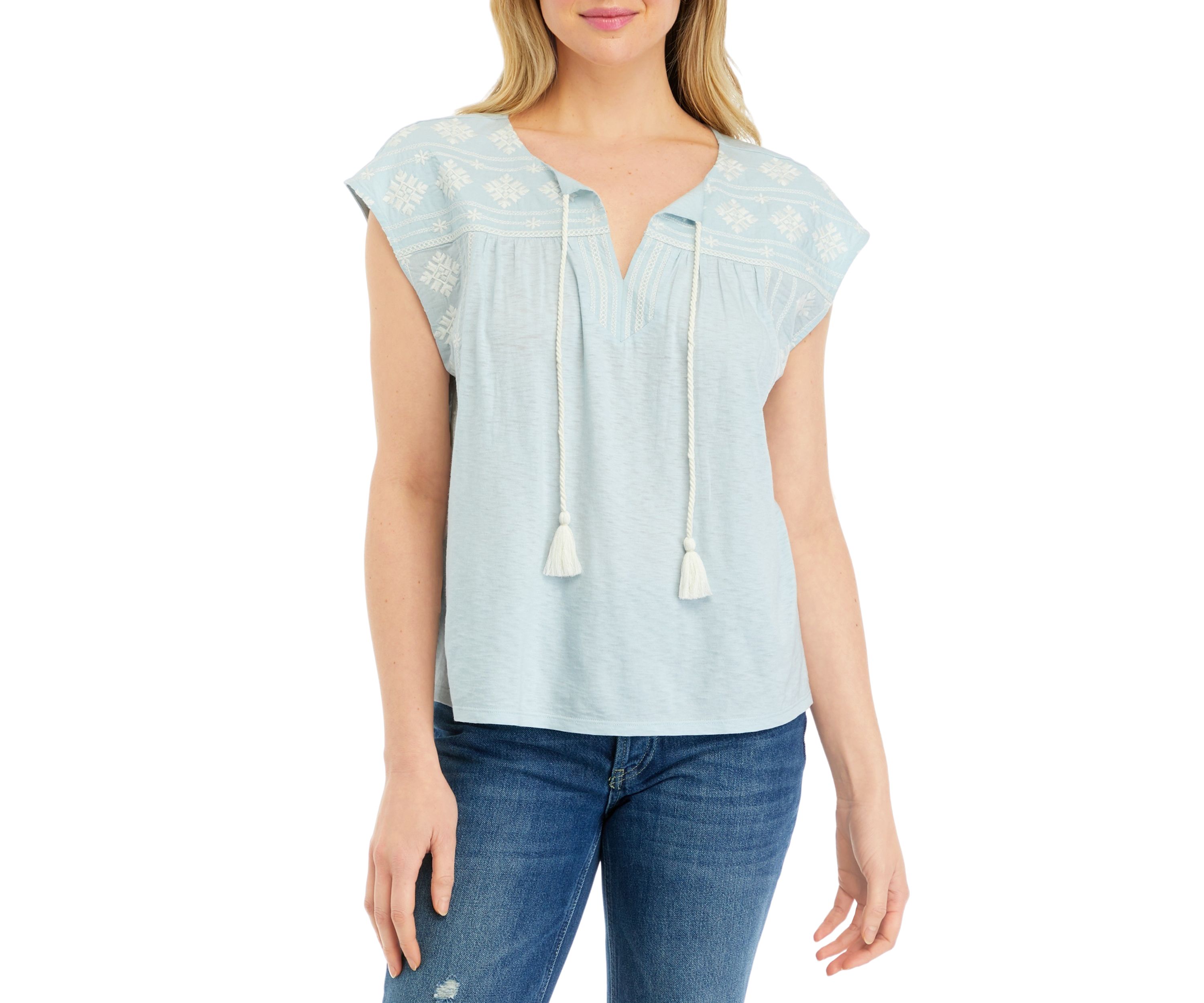 Womens Embroidered Split Neck Top 