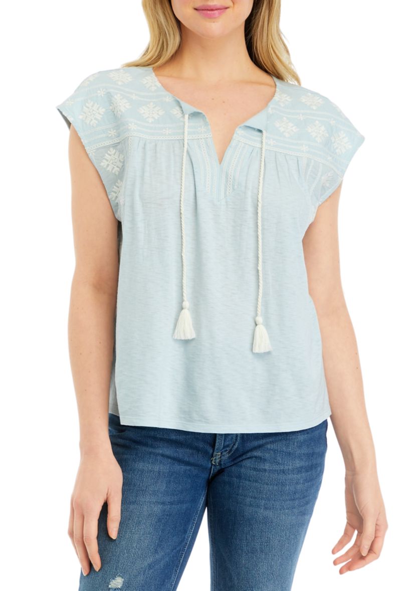 Womens Embroidered Split Neck Top 