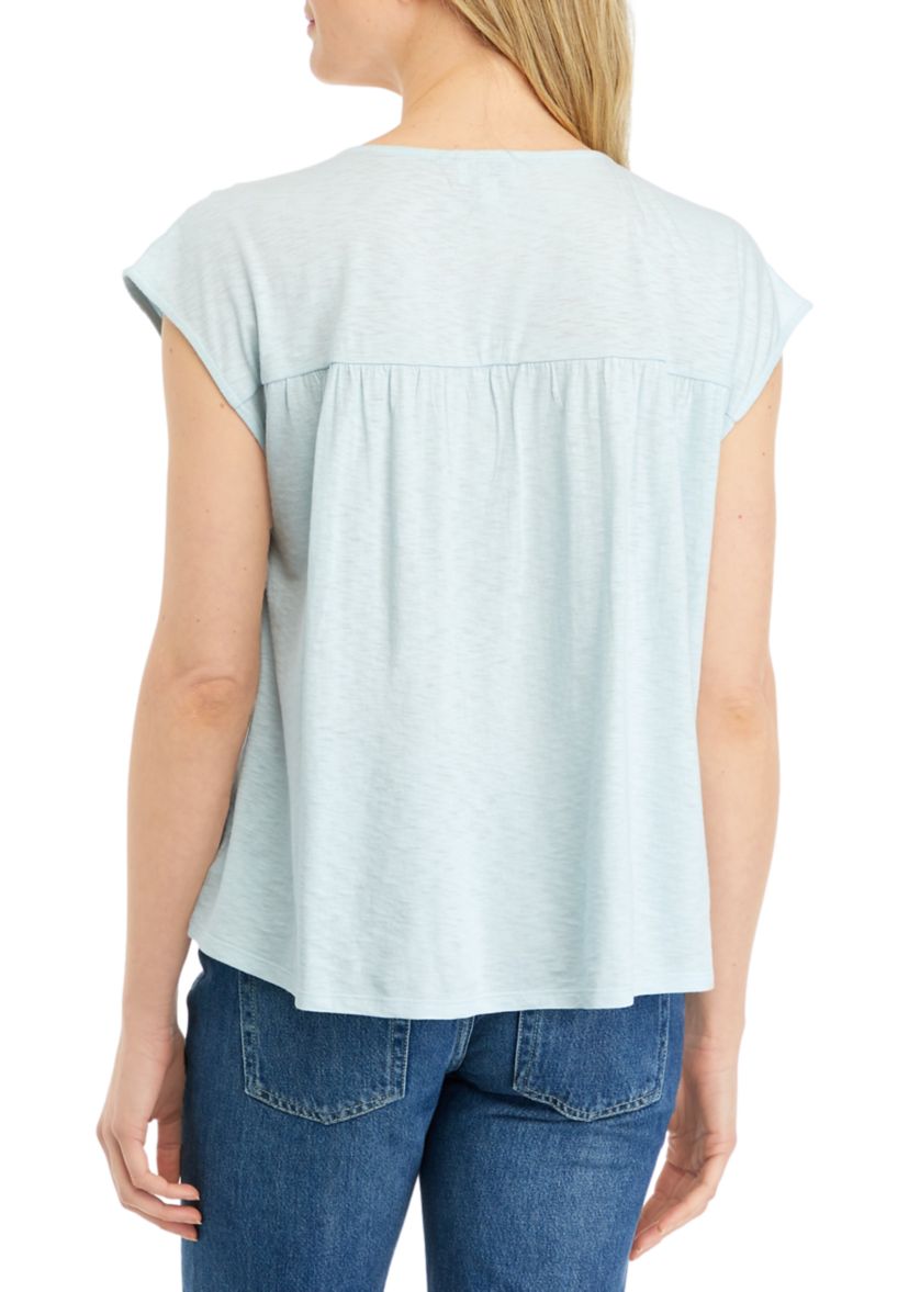 Womens Embroidered Split Neck Top 