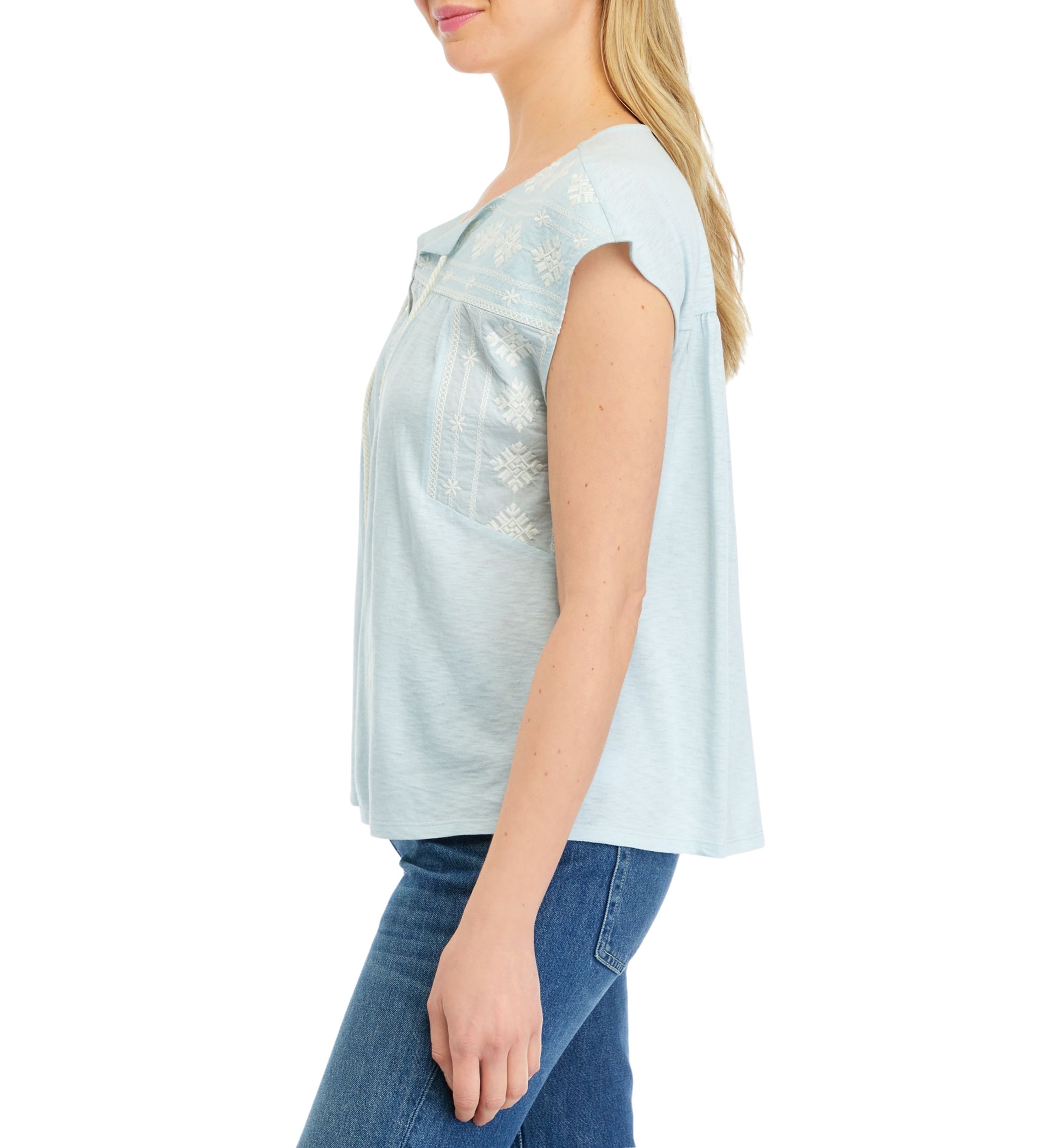 Womens Embroidered Split Neck Top 