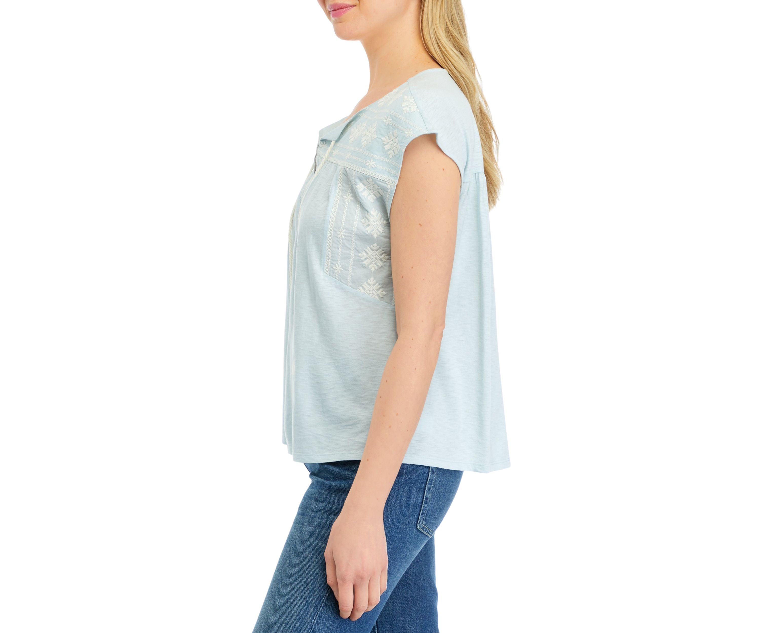 Womens Embroidered Split Neck Top 