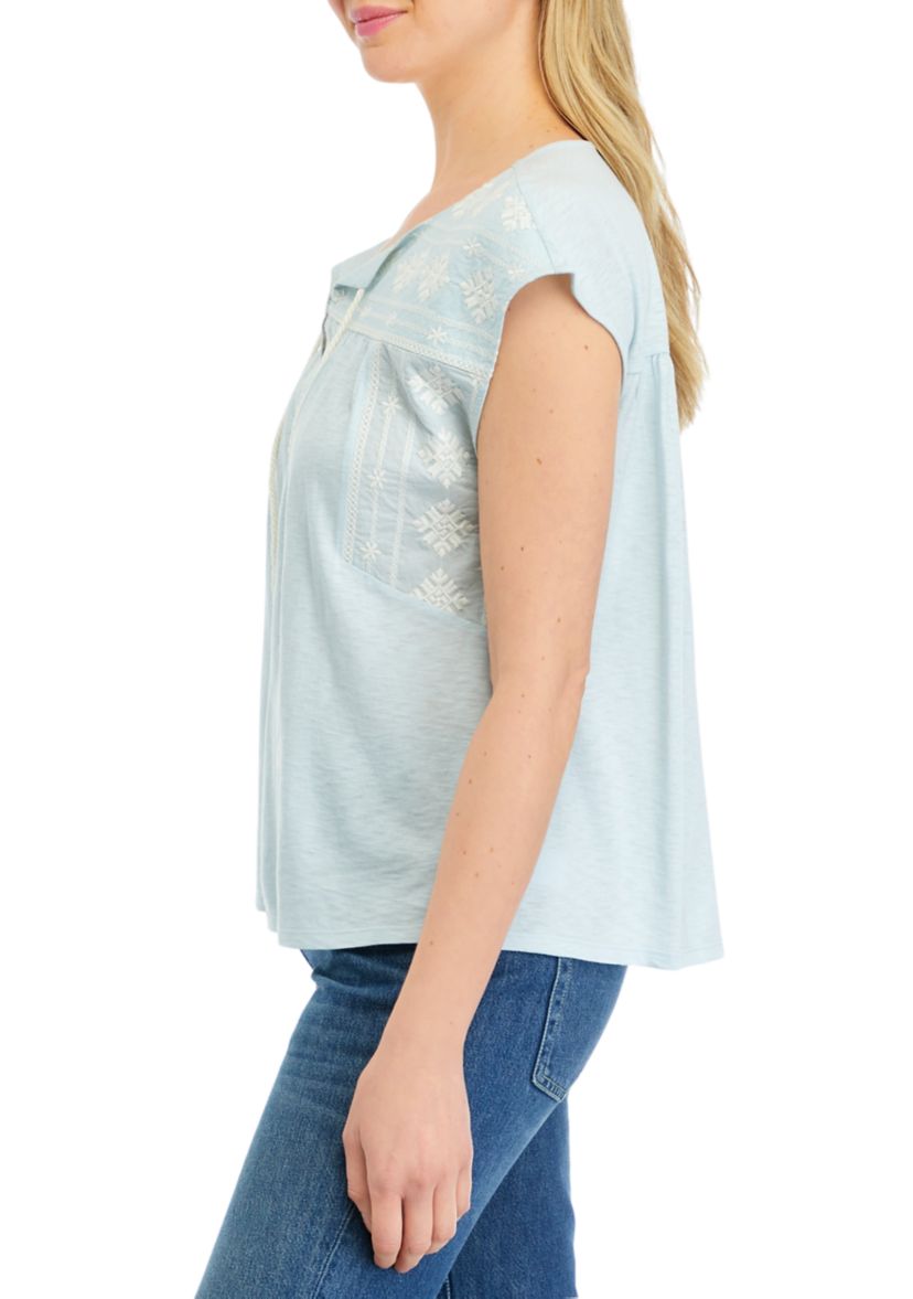 Womens Embroidered Split Neck Top 