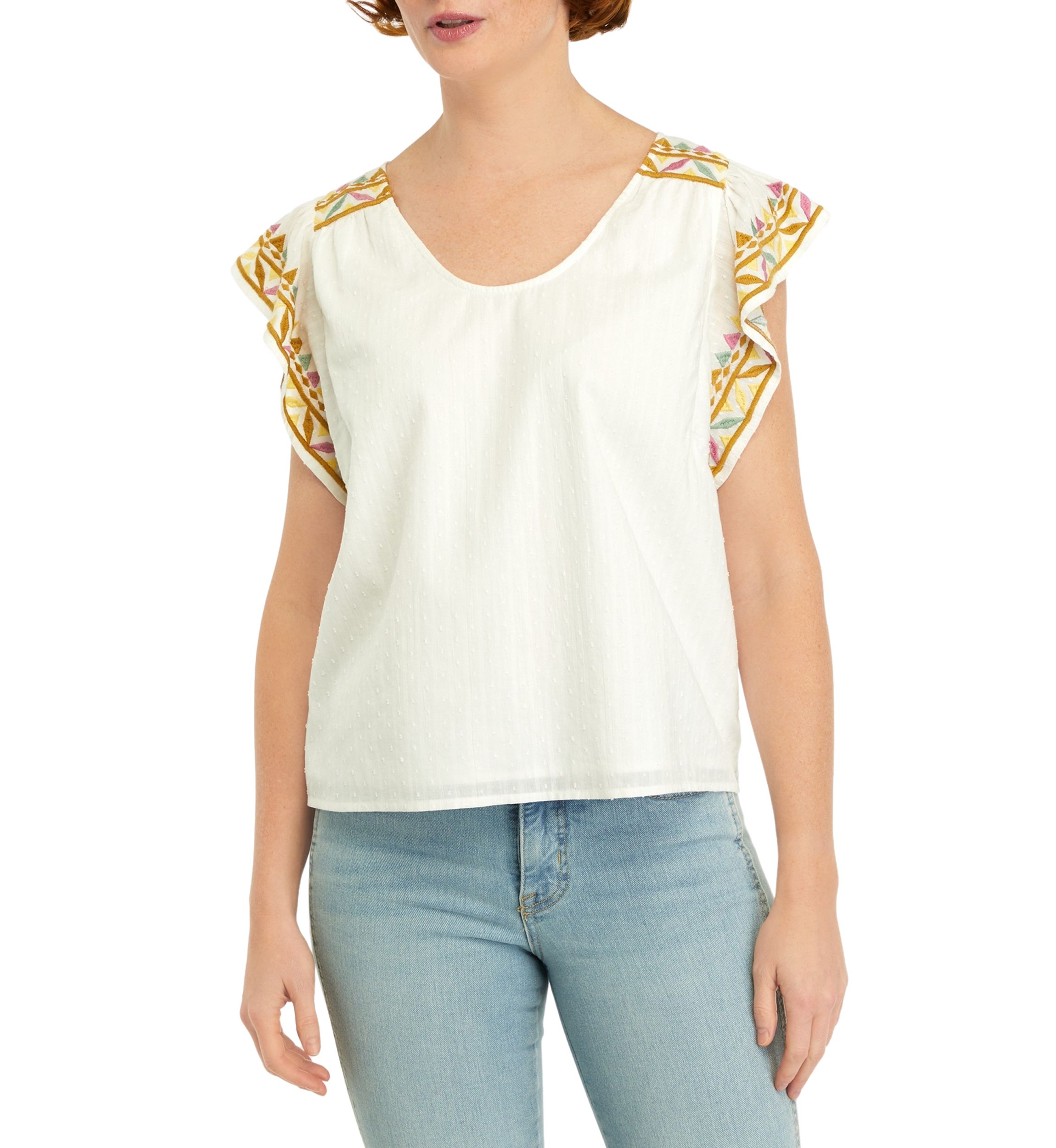 Womens Embroidered Flutter Sleeve Top