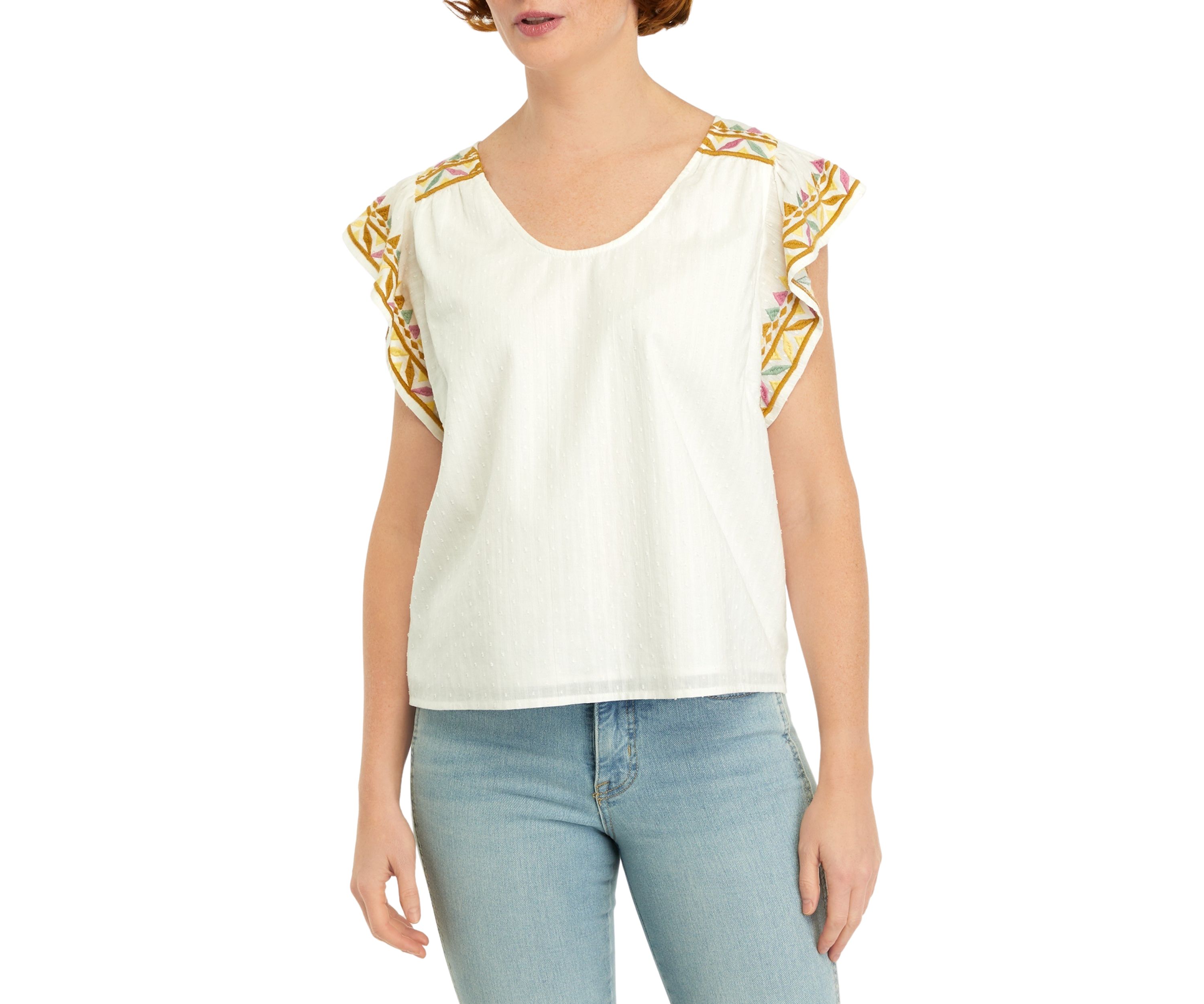 Womens Embroidered Flutter Sleeve Top