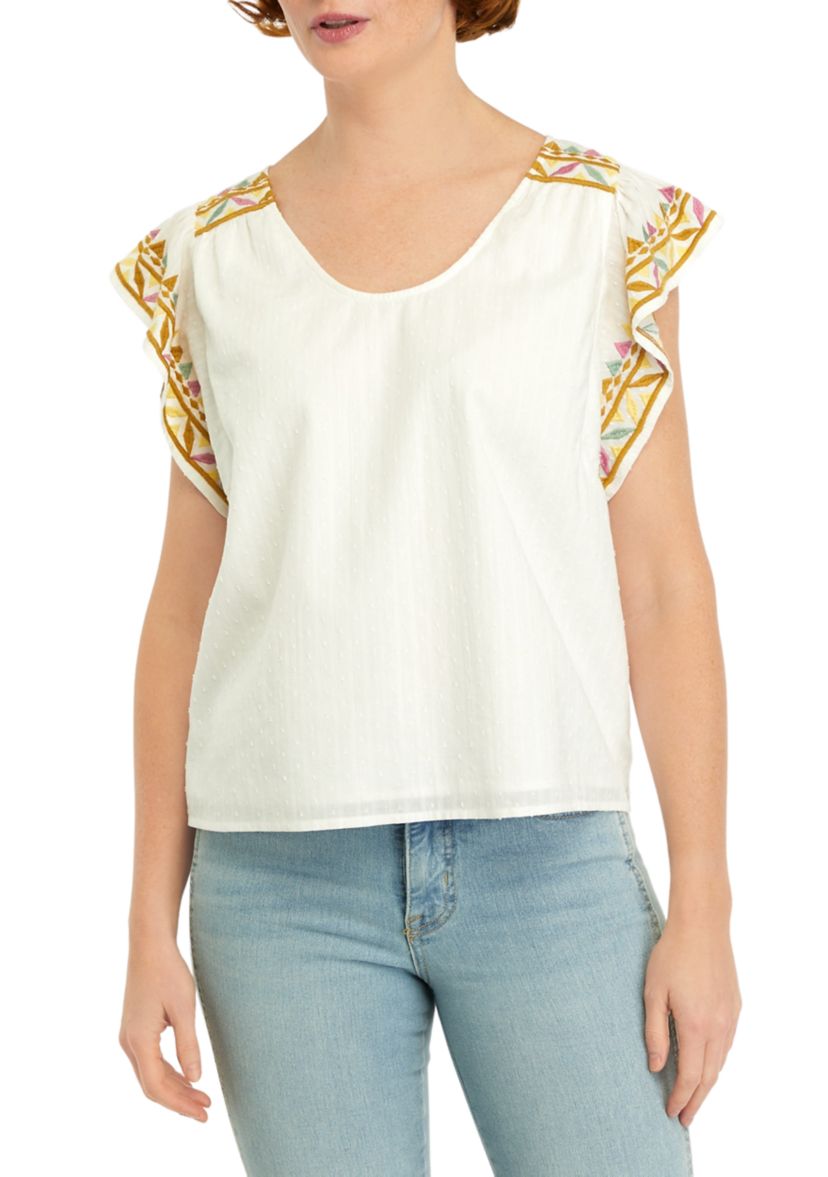 Womens Embroidered Flutter Sleeve Top