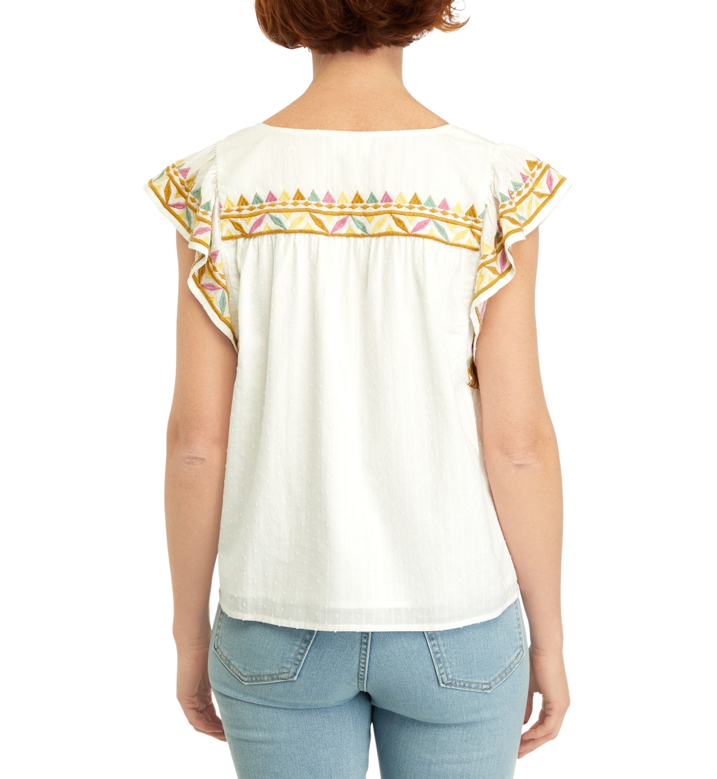 Womens Embroidered Flutter Sleeve Top