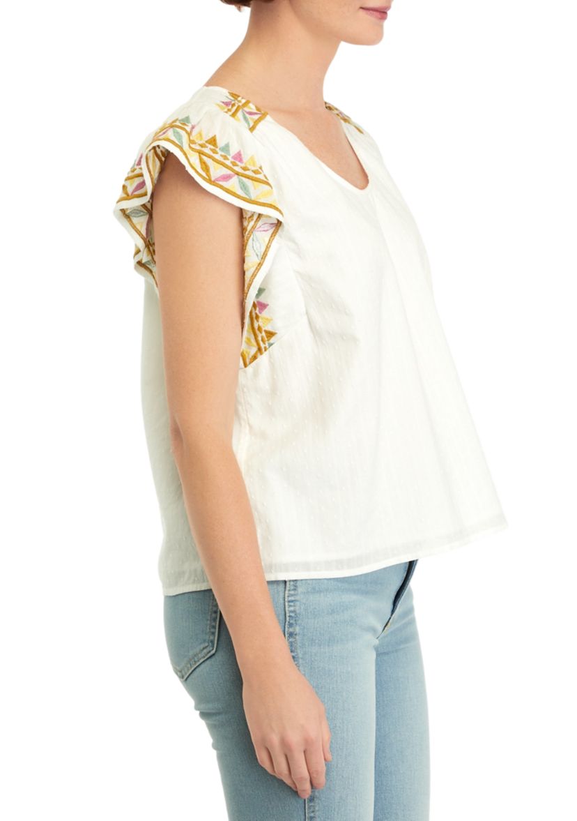 Womens Embroidered Flutter Sleeve Top