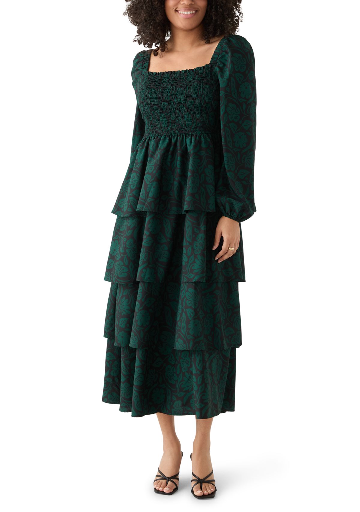 Womens Long Sleeve Tiered Midi Dress