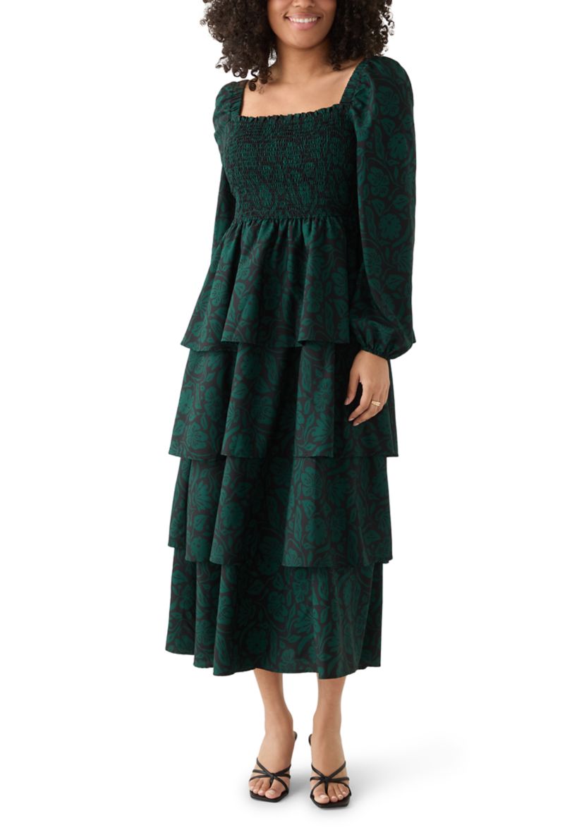 Womens Long Sleeve Tiered Midi Dress