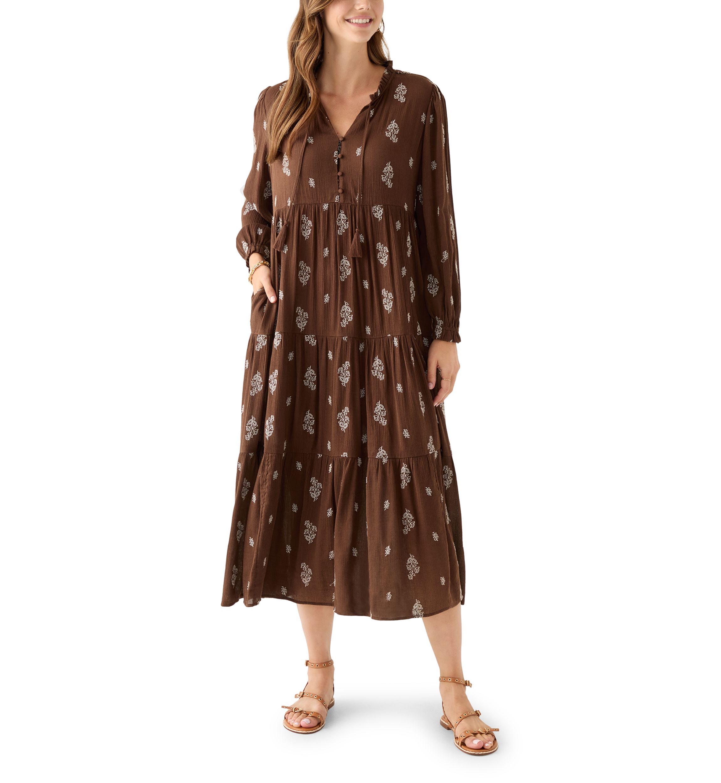 Womens Long Sleeve Floral Embroidered Maxi Dress